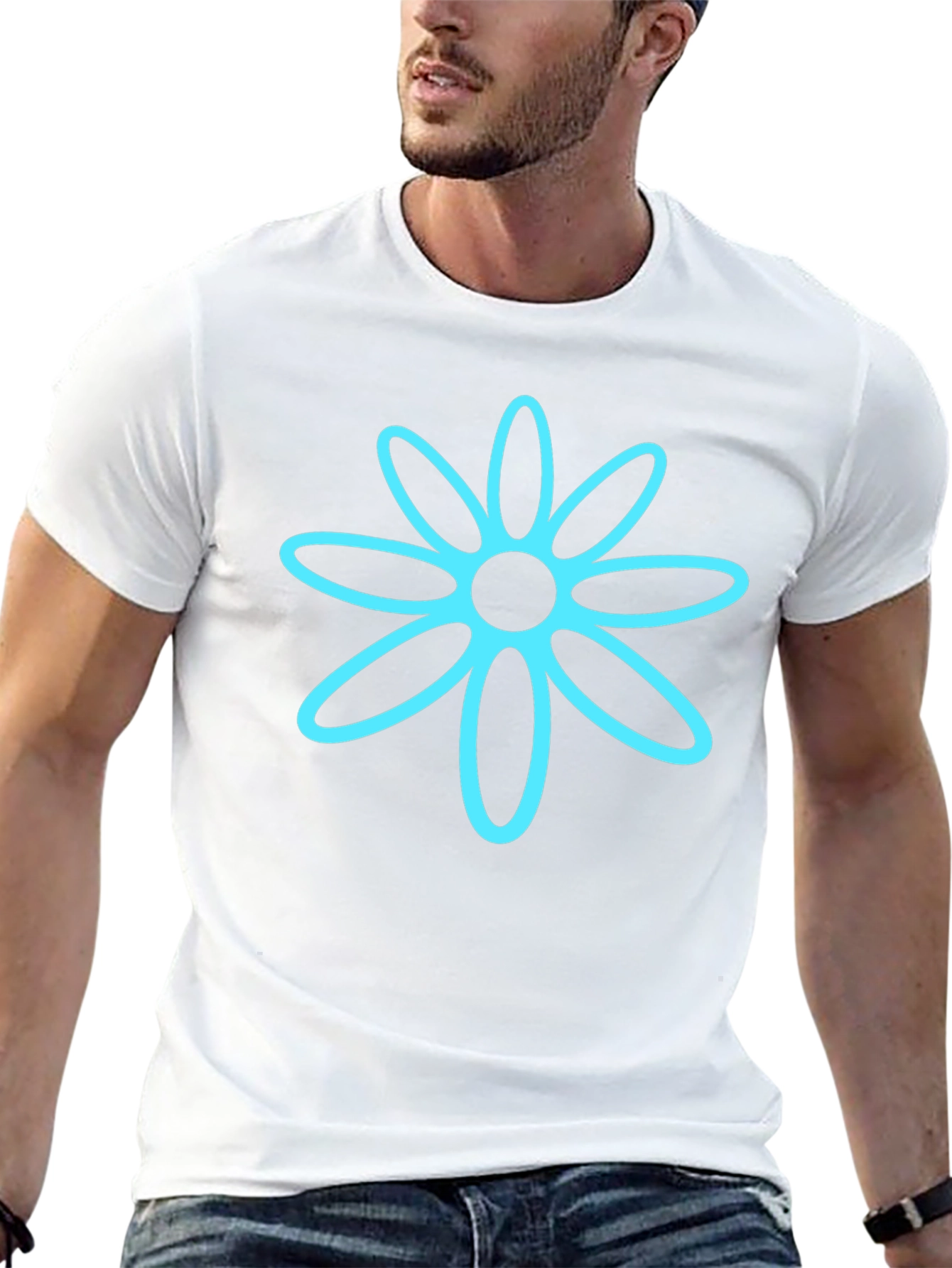 Black T-Shirt with Cyan Flower Graphic