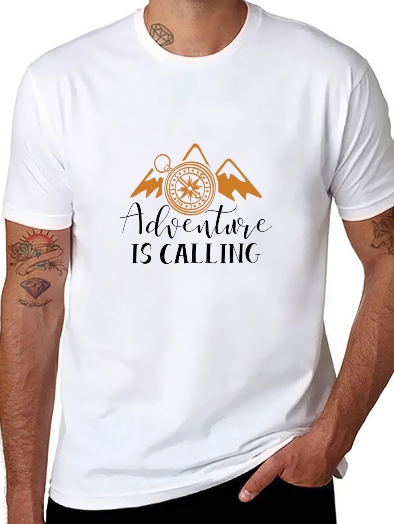Adventure Calling Black T-Shirt Compass Mountain Design