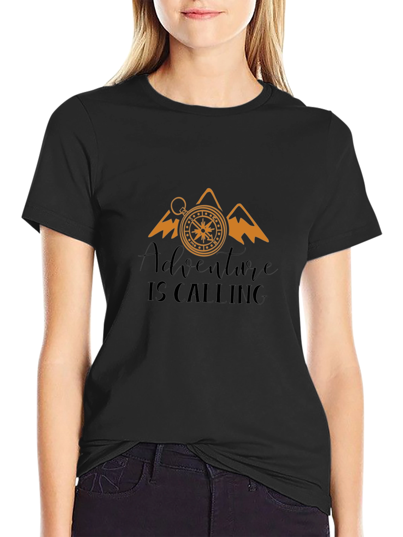 Adventure Calling Black T-Shirt Compass Mountain Design