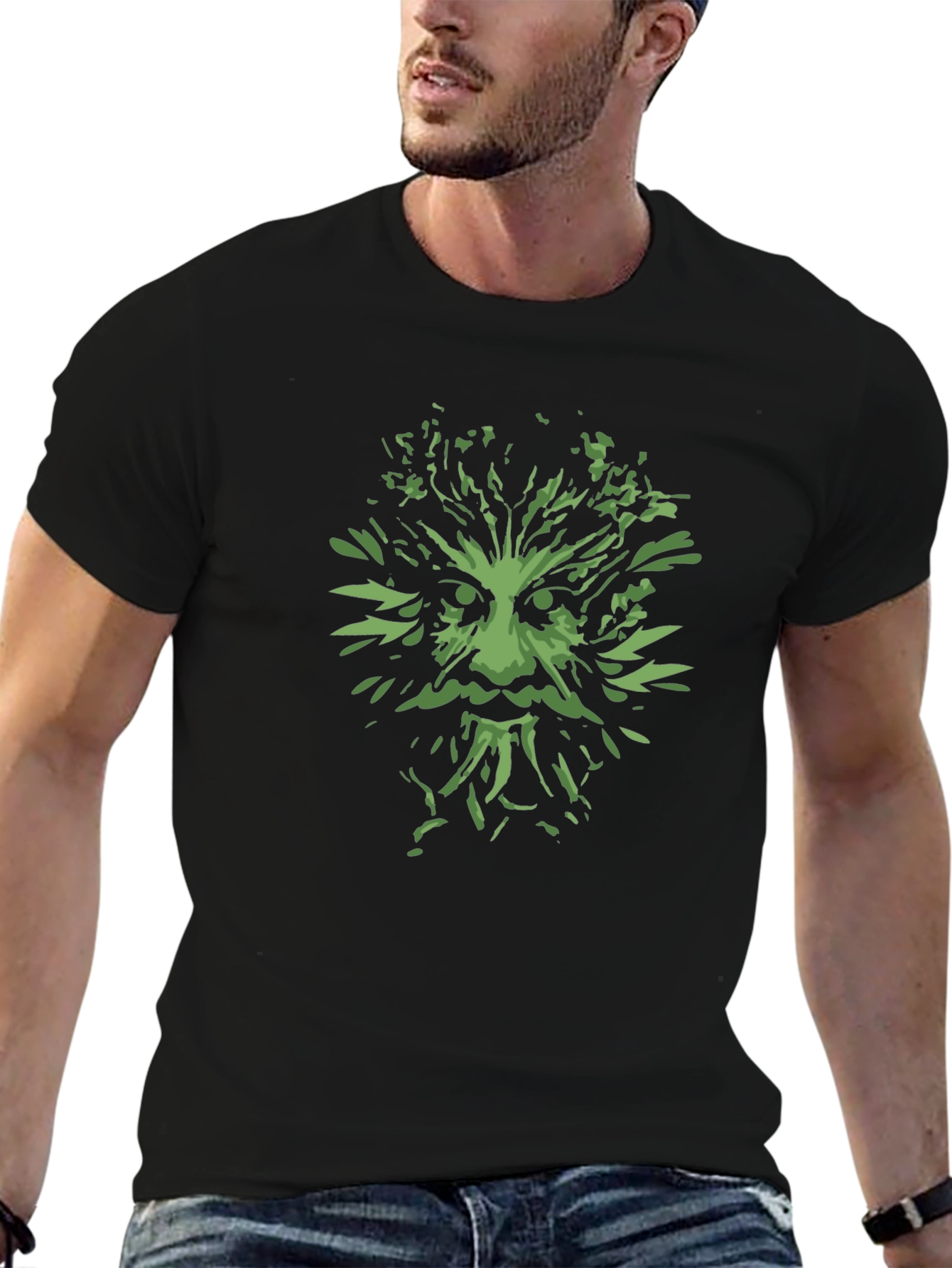 Green Man Graphic Tee - Black Cotton T-Shirt