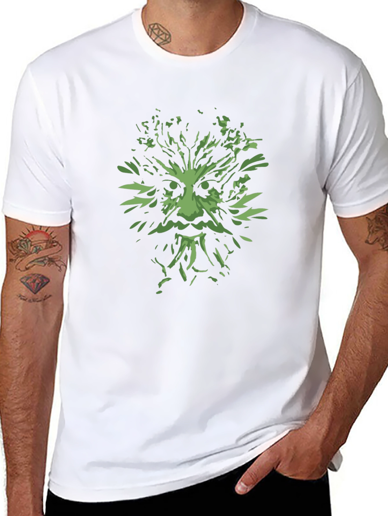 Green Man Graphic Tee - Black Cotton T-Shirt