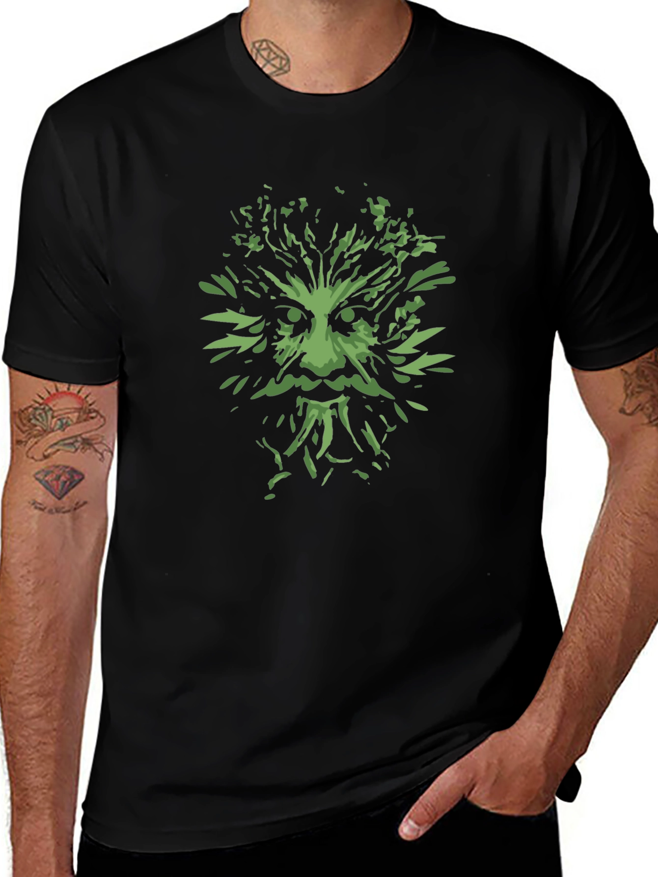 Green Man Graphic Tee - Black Cotton T-Shirt