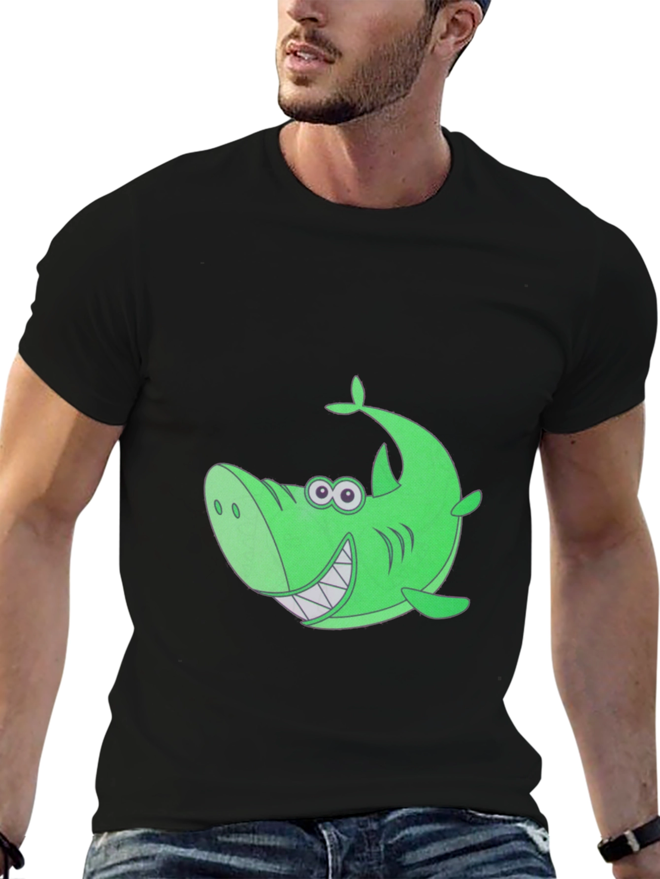 Funky Green Shark Graphic Tee - Black