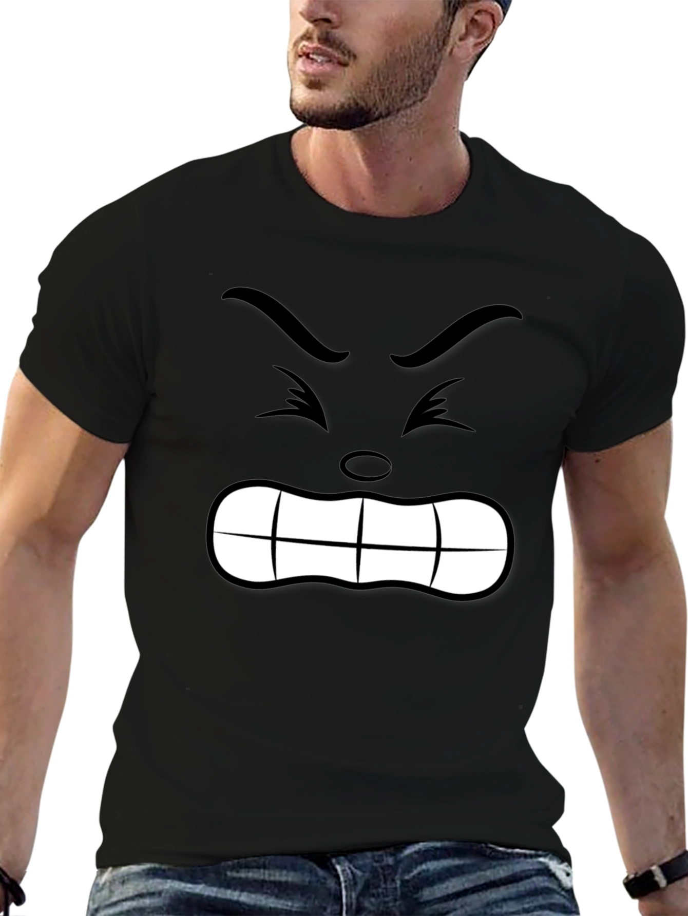 Angry Face Graphic Tee - Black Cotton T-Shirt
