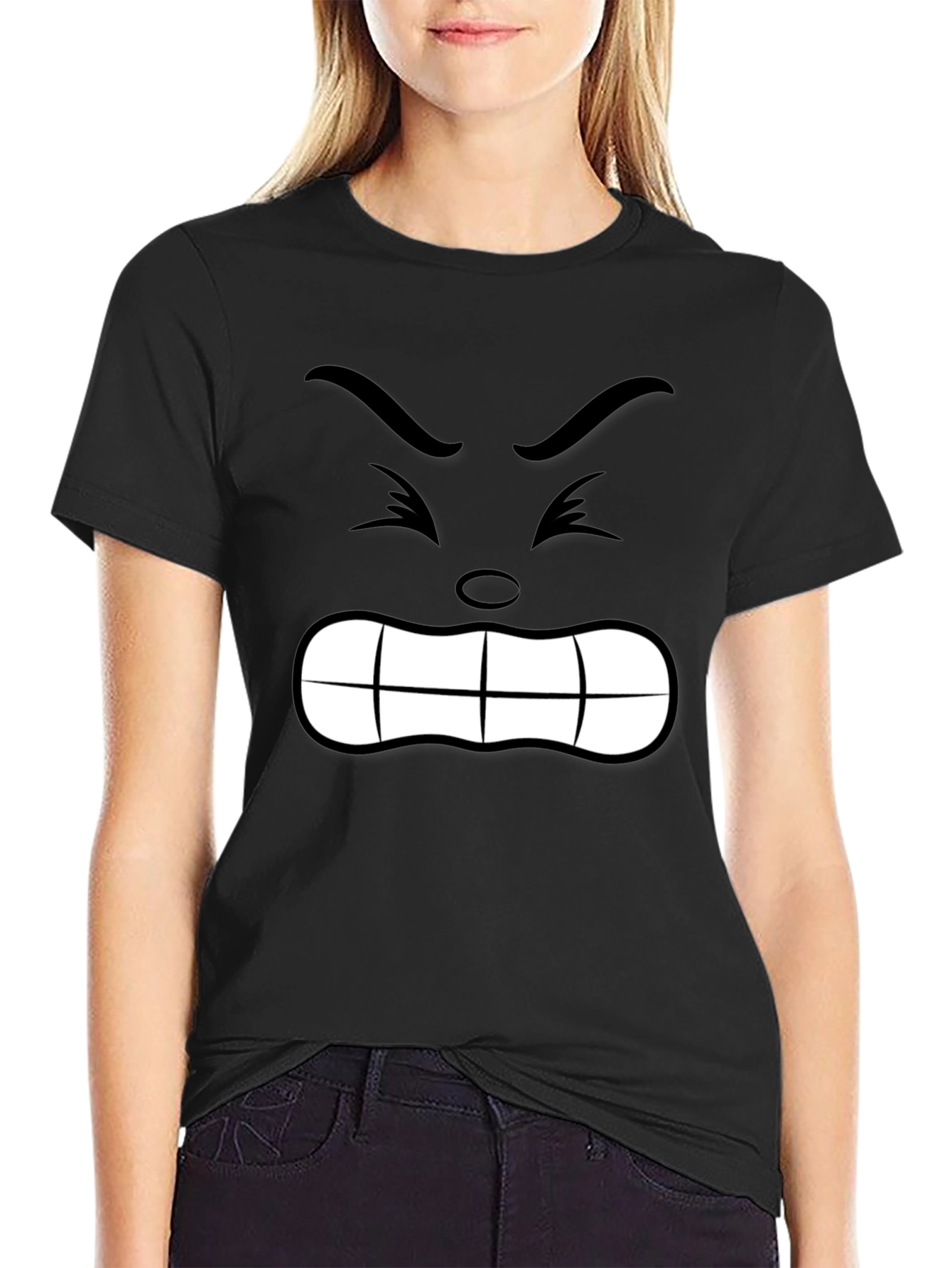 Angry Face Graphic Tee - Black Cotton T-Shirt