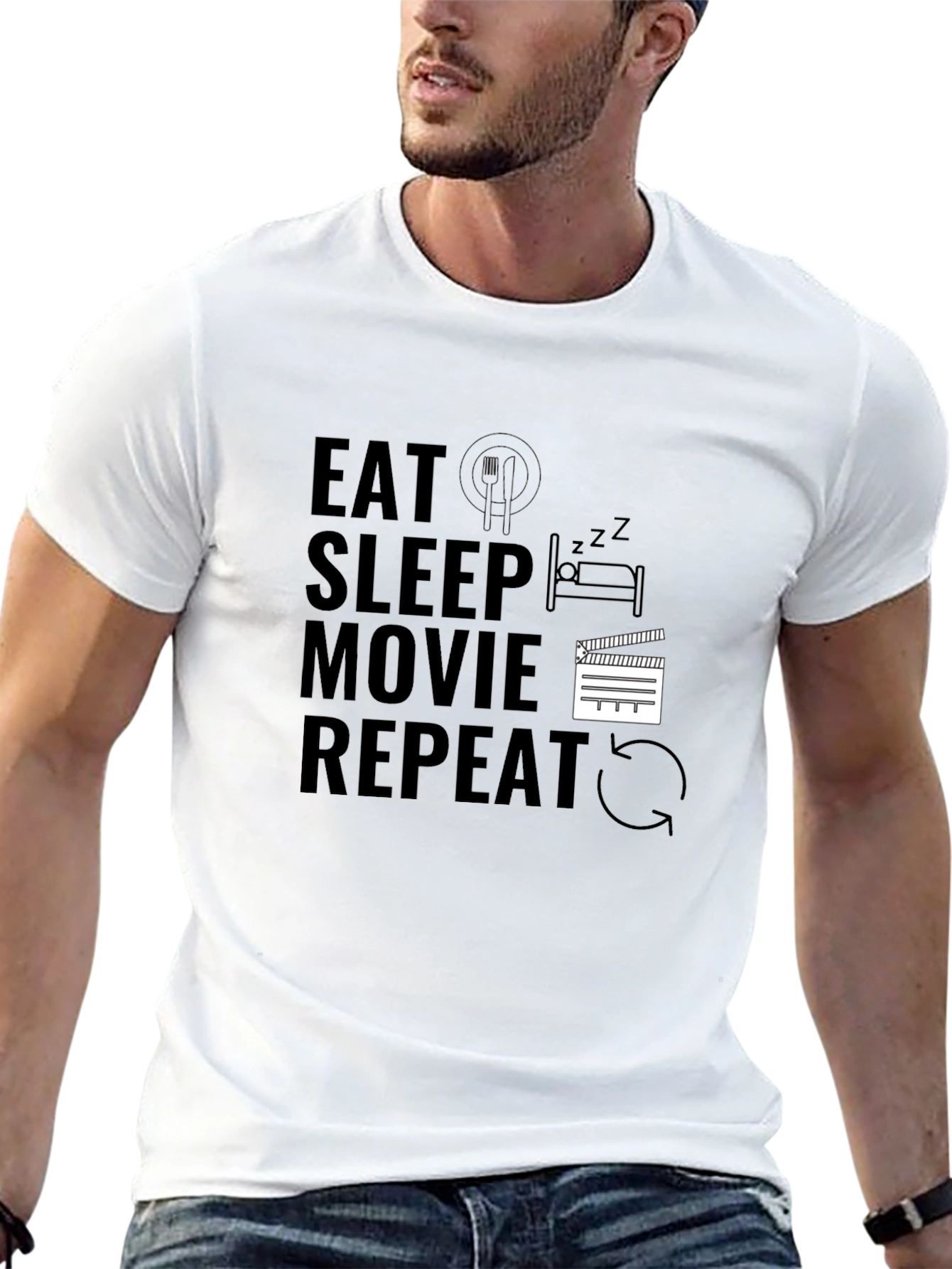 Eat Sleep Movie Repeat Black Graphic Tee
