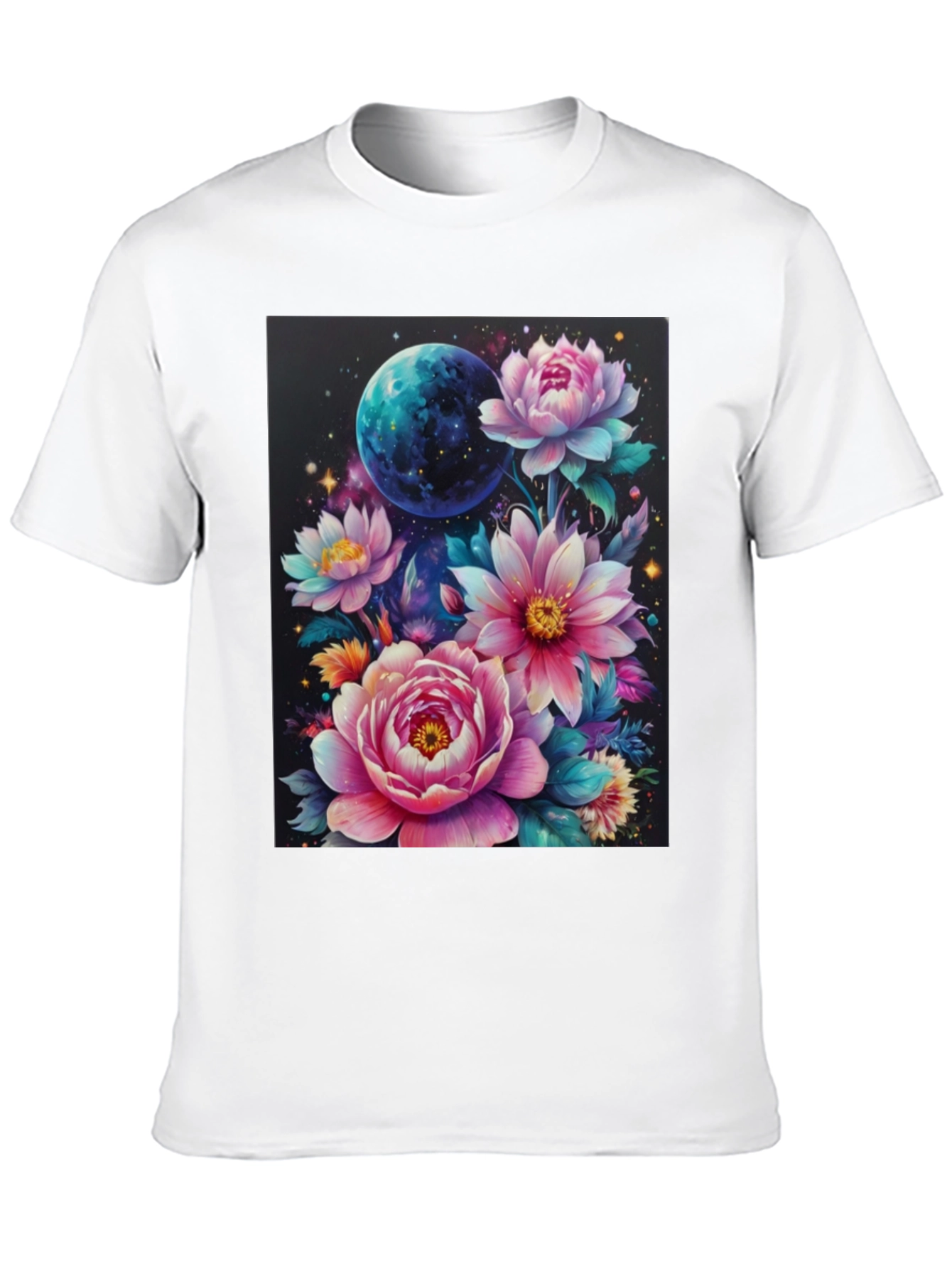 Floral Galaxy T-Shirt: Space & Bloom Fusion