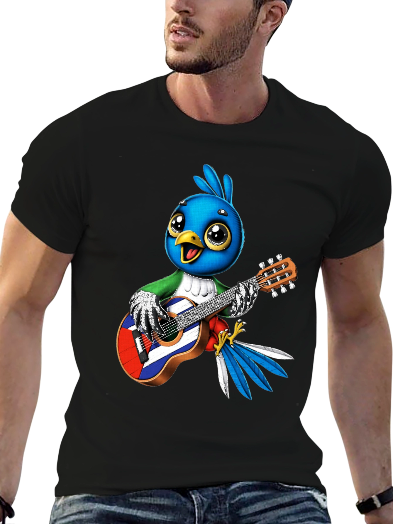 Cartoon Bird Playing Guitar Graphic Tee
