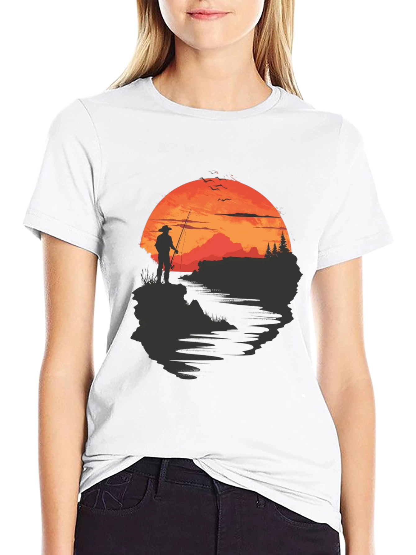 Fisherman Sunset Graphic Tee - Black Crew Neck
