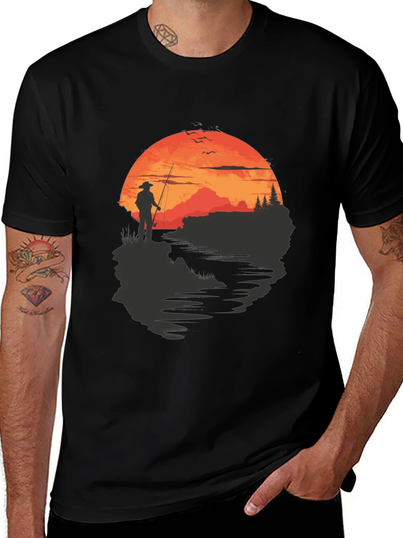 Fisherman Sunset Graphic Tee - Black Crew Neck