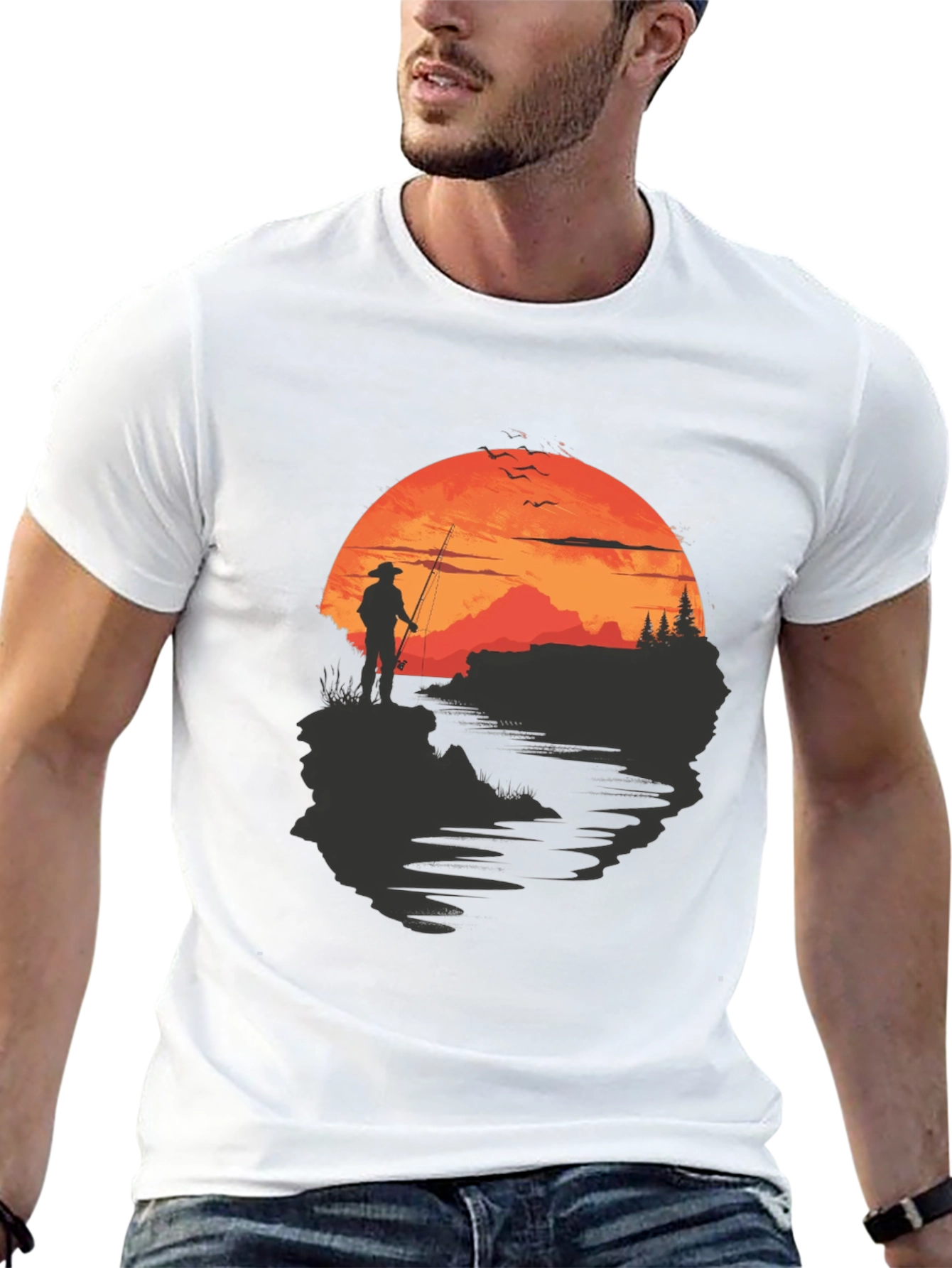 Fisherman Sunset Graphic Tee - Black Crew Neck