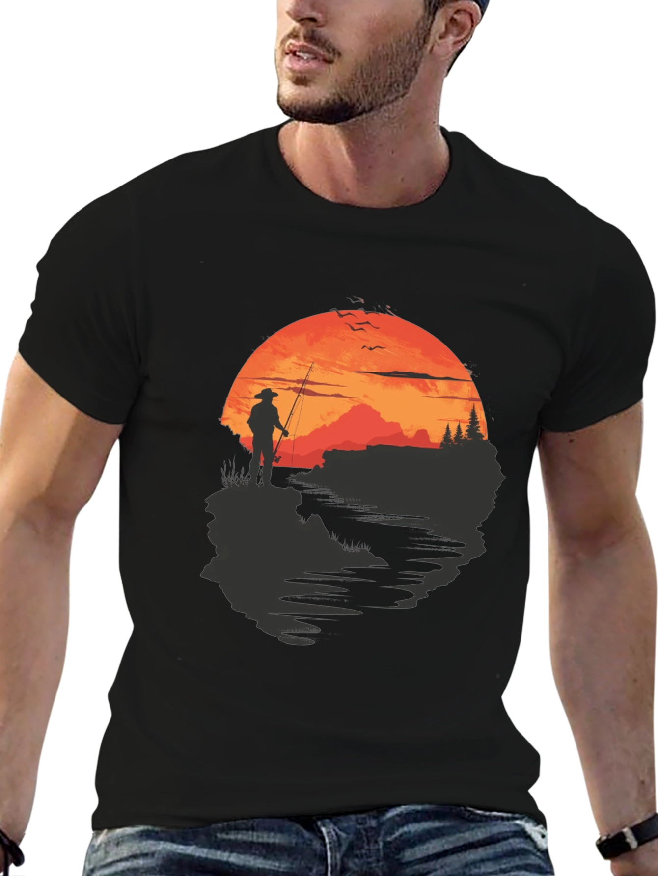 Fisherman Sunset Graphic Tee - Black Crew Neck