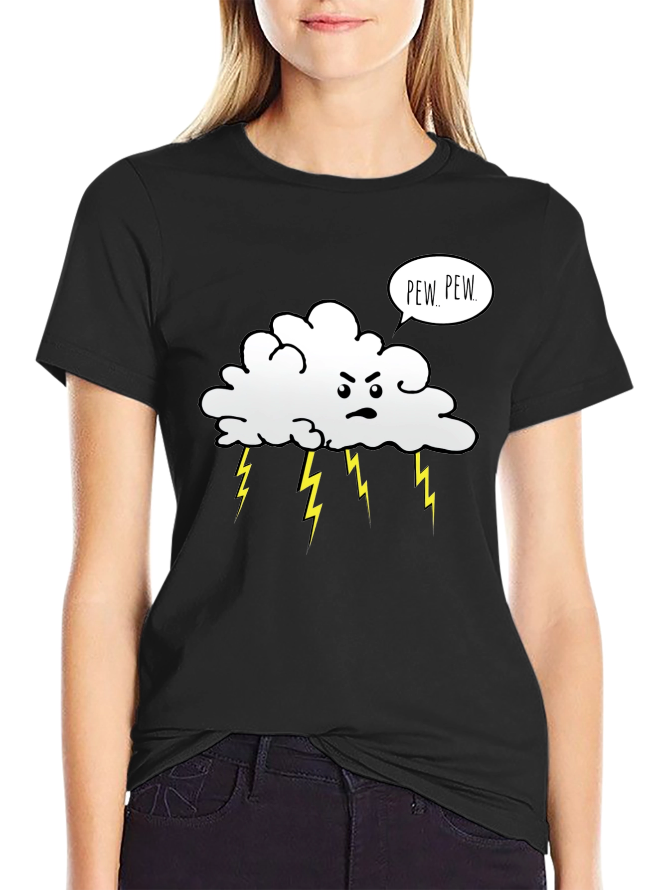 Angry Cloud Pew Pew Black Graphic T-Shirt