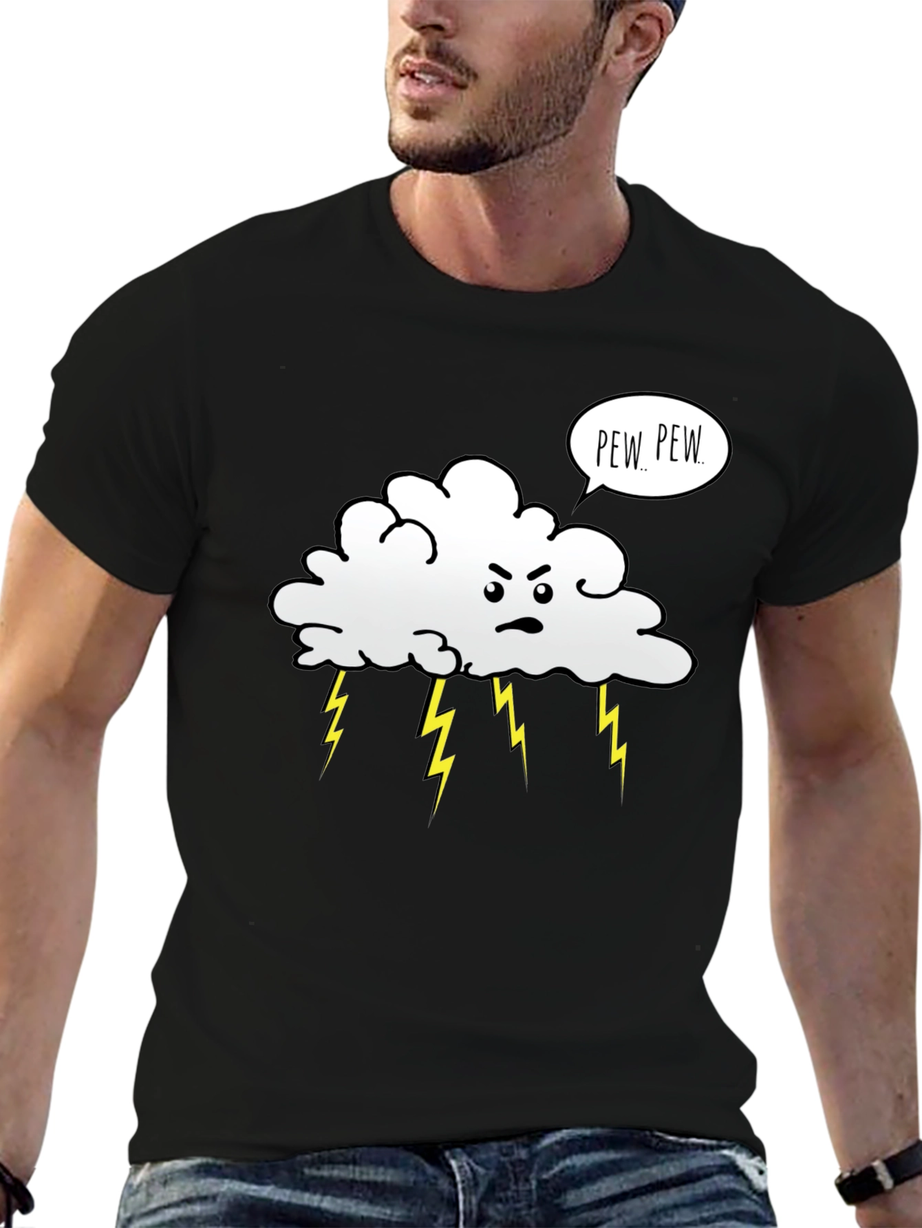Angry Cloud Pew Pew Black Graphic T-Shirt