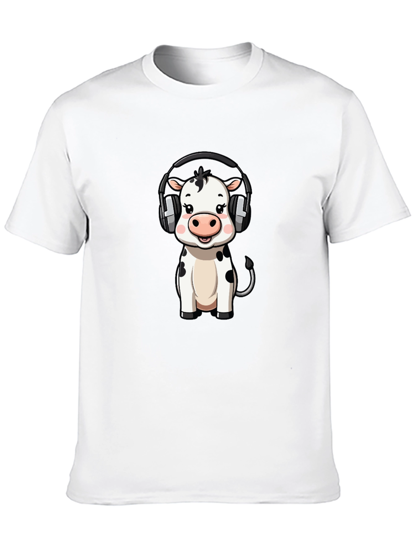 Cute Cow with Headphones Graphic Tee - Black Cotton