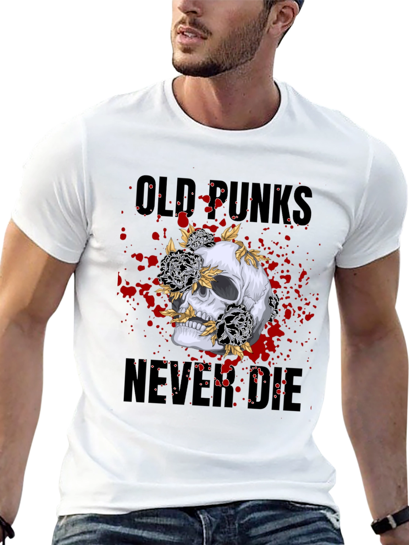 Skull & Flowers Old Punks Never Die Graphic Tee