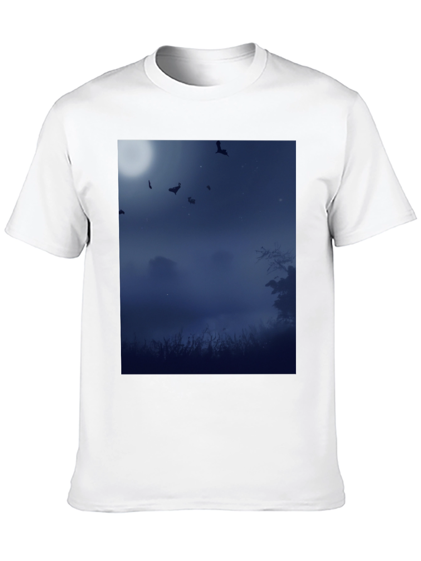Moonlit Bats Black Tee - Spooky Night Scene
