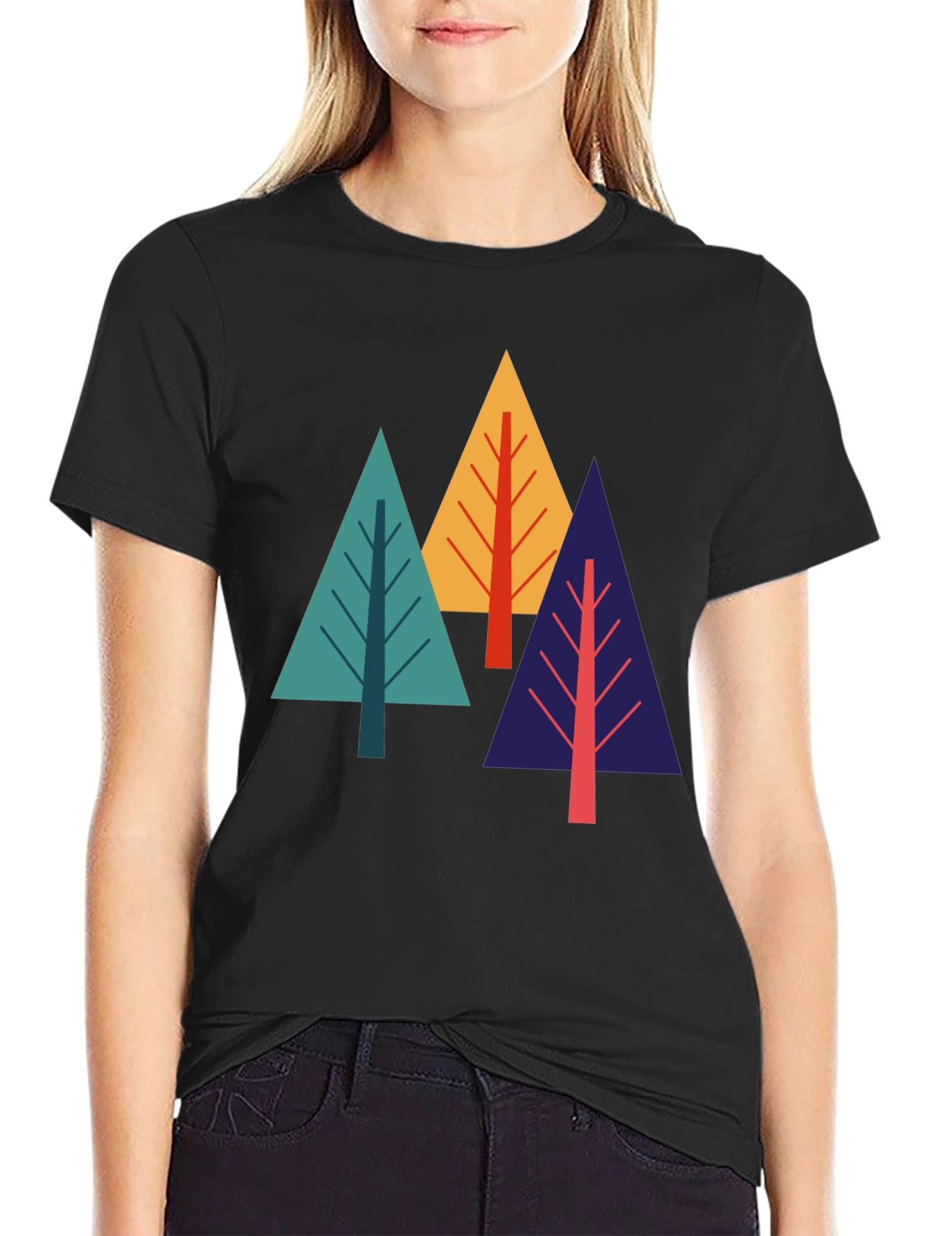 Geometric Tree Graphic Tee - Black Cotton Blend