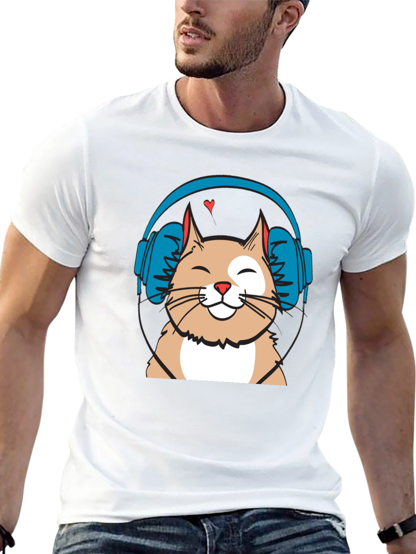 Cool Cat with Headphones Graphic T-Shirt