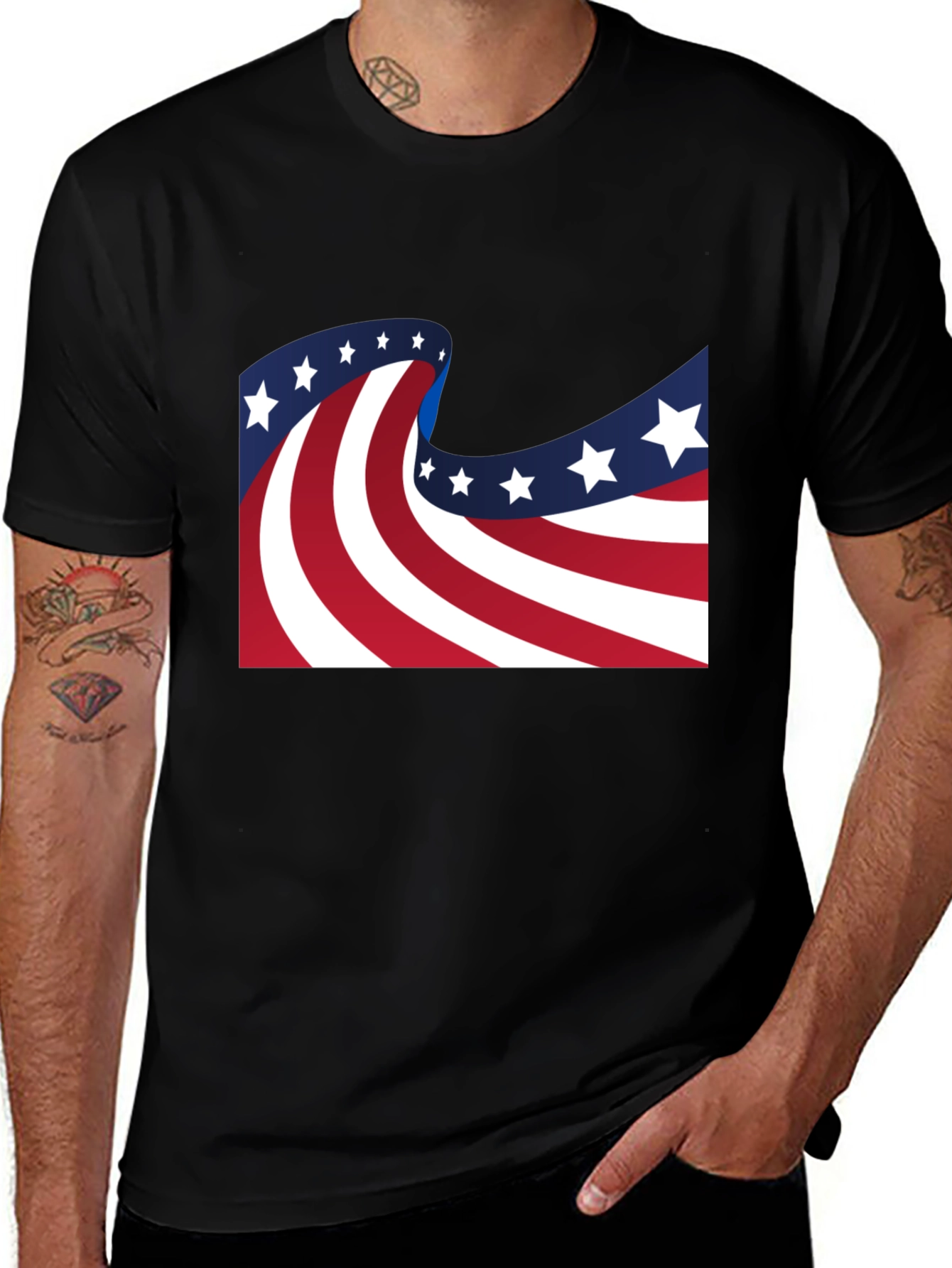 American Flag Wavy Stars and Stripes Black T-Shirt