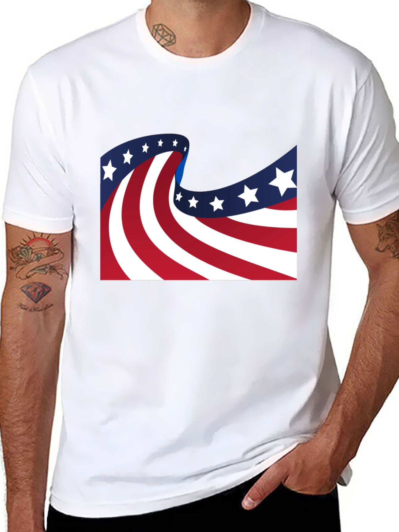 American Flag Wavy Stars and Stripes Black T-Shirt