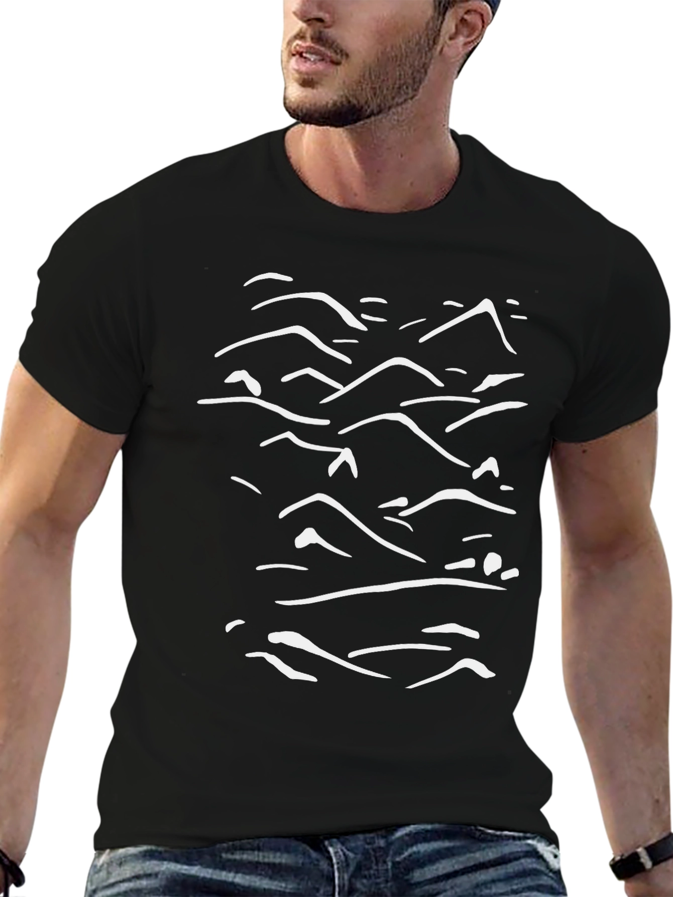 Abstract Mountain Line Art Black Tee