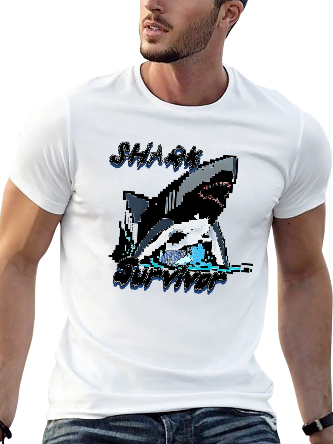 Pixel Shark Survivor T-Shirt - Black Graphic Tee