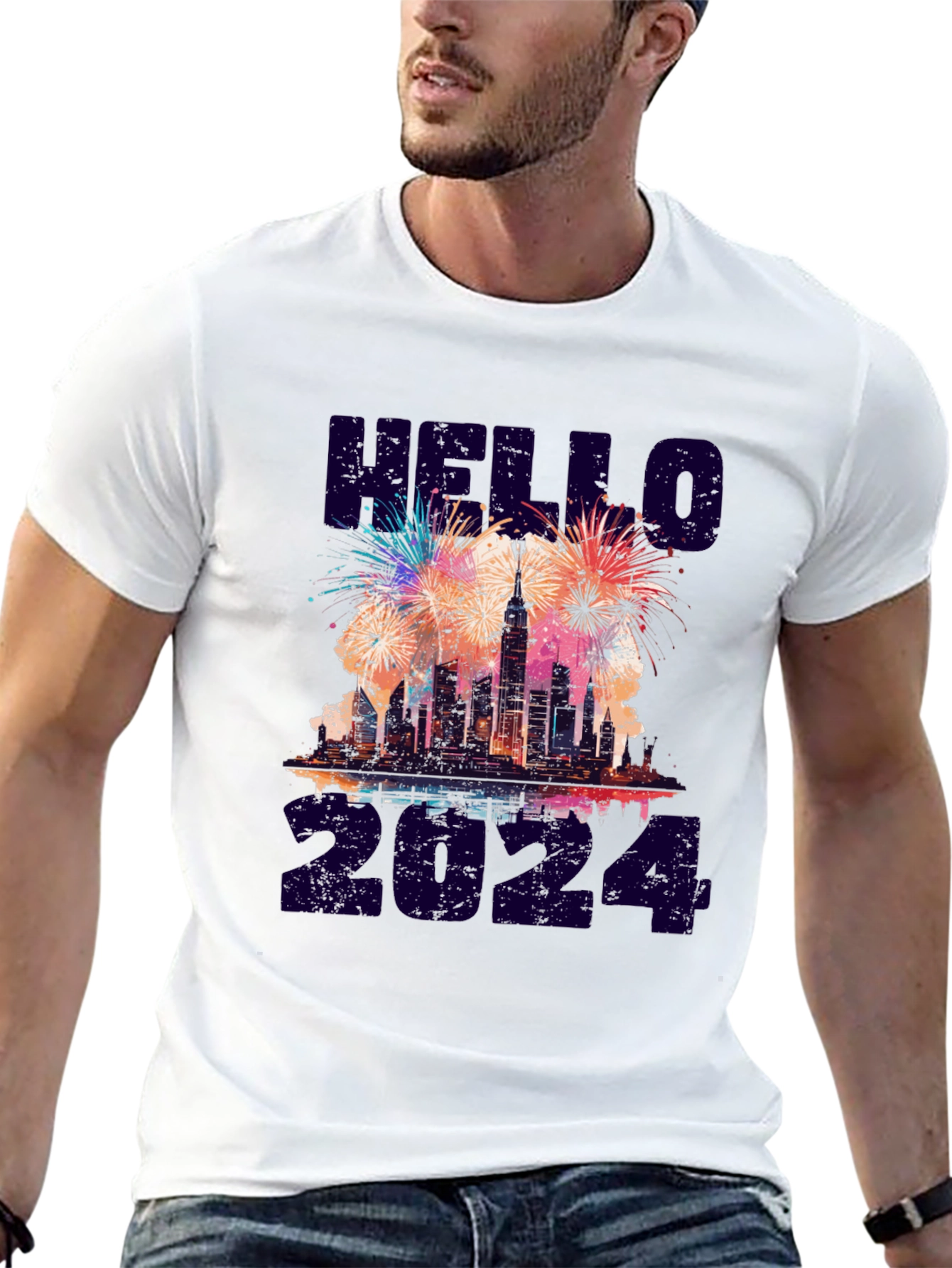 Hello 2024 NYC Skyline Fireworks Graphic Tee