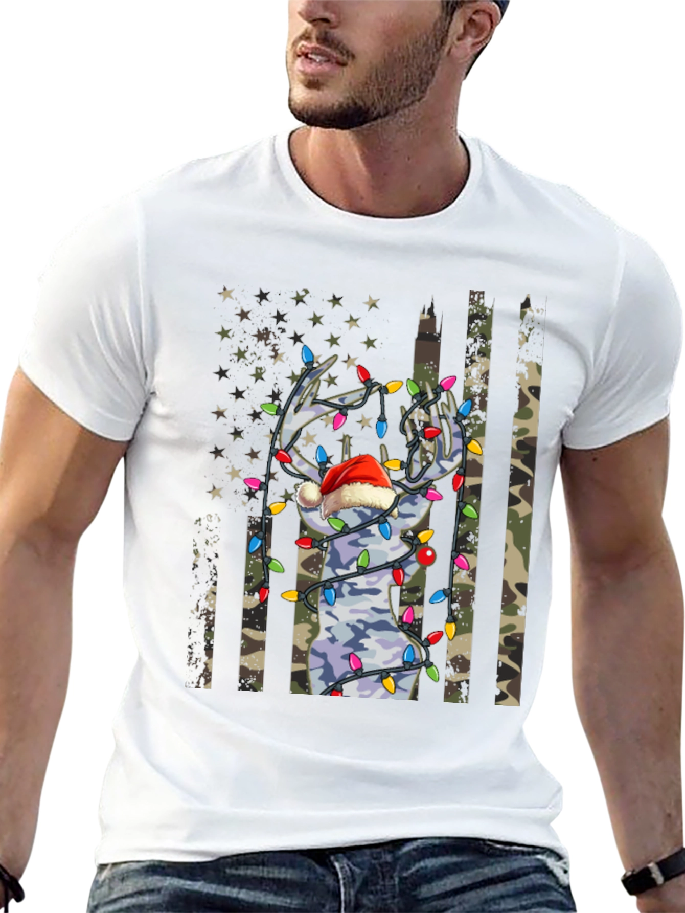 Camouflage Deer Christmas Lights Graphic Tee