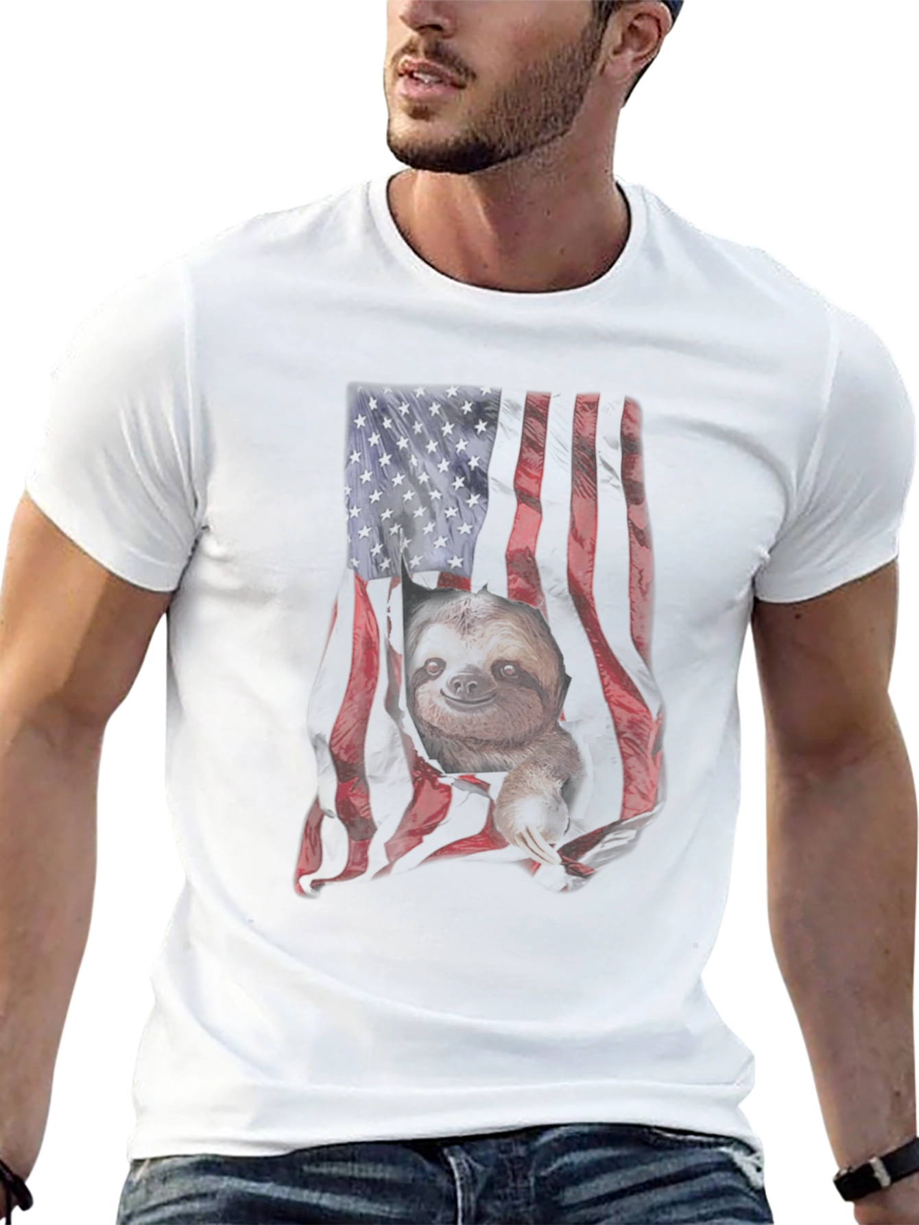 Sloth American Flag Graphic T-Shirt