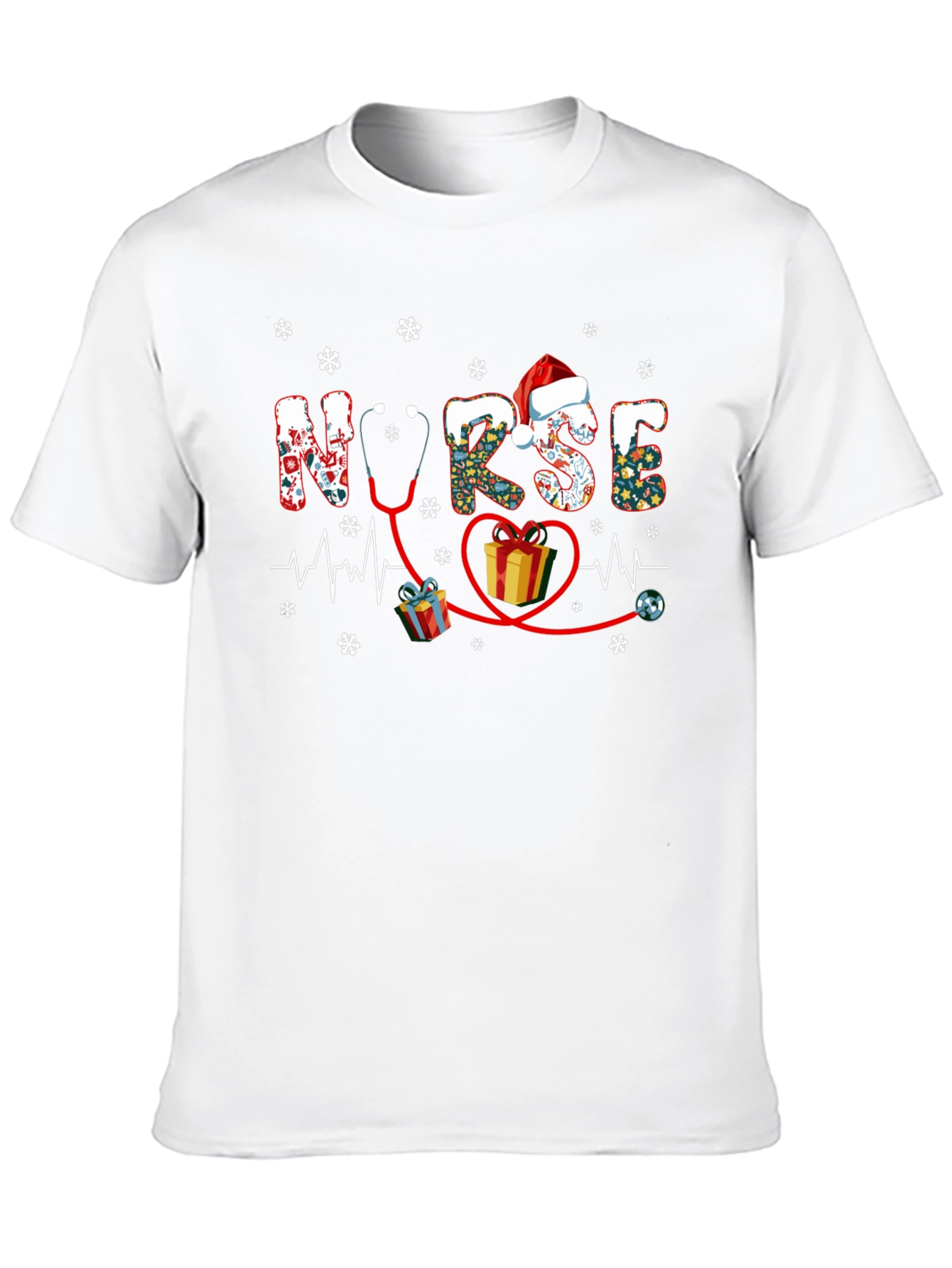 Festive Nurse Christmas T-Shirt - Holiday Stethoscope Heartbeat Design