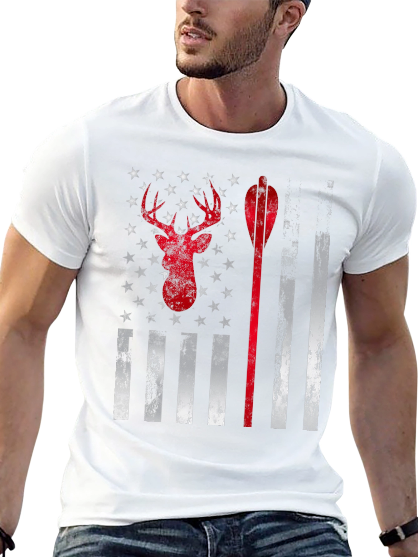 Hunting Deer Arrow American Flag Graphic T-Shirt