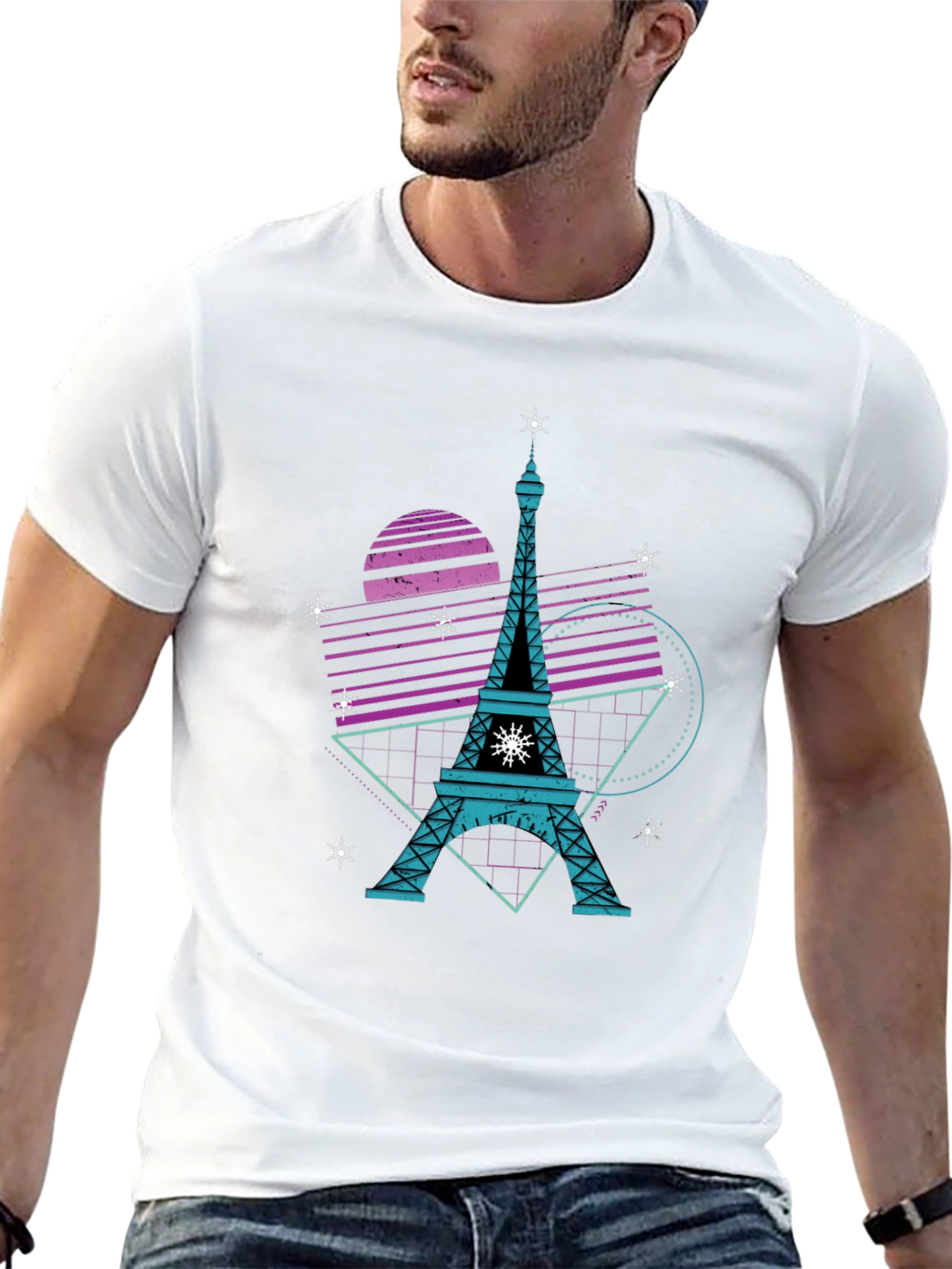 Retro Eiffel Tower Graphic Tee - Black Cotton T-Shirt