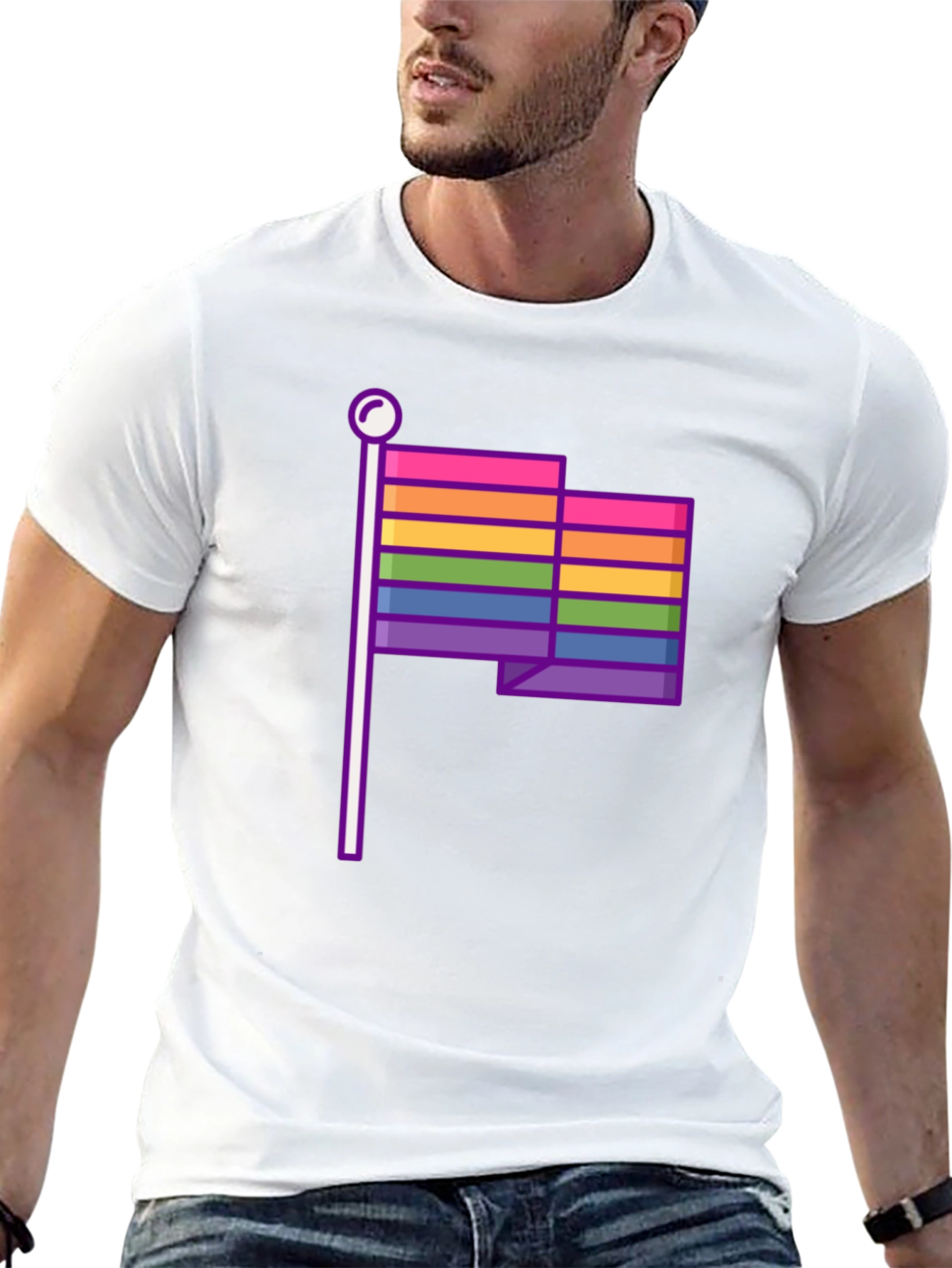 Pride Flag Graphic Tee - Black Cotton Casual T-Shirt