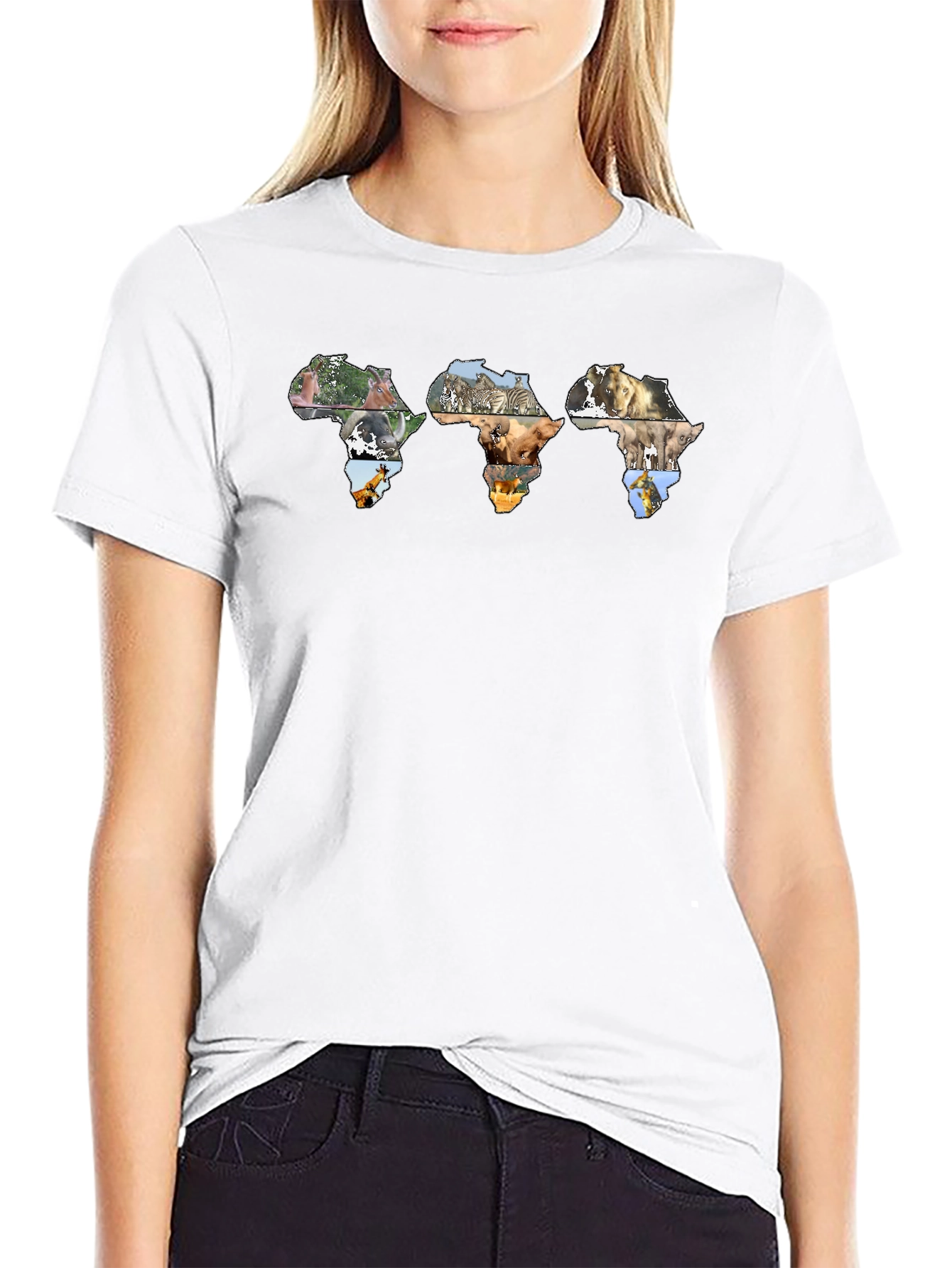 Africa Continent Wildlife Print Black T-Shirt