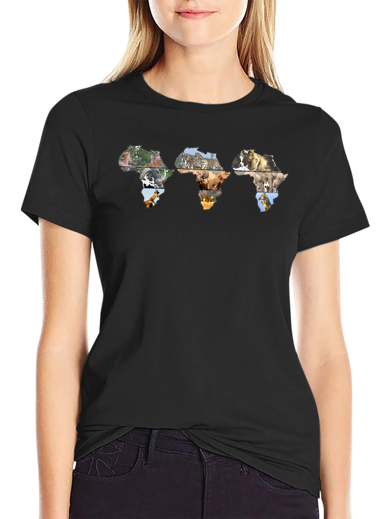 Africa Continent Wildlife Print Black T-Shirt