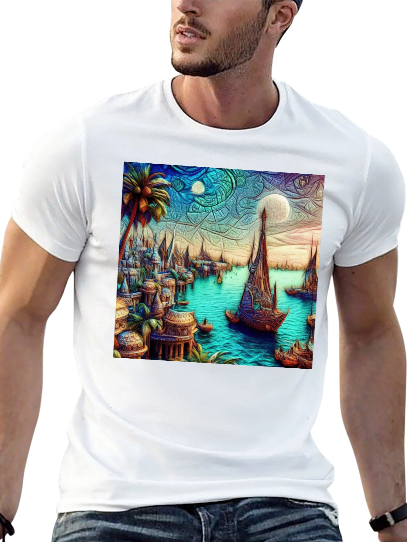 Exotic Seafront Town Graphic Tee - Stylish Comfort