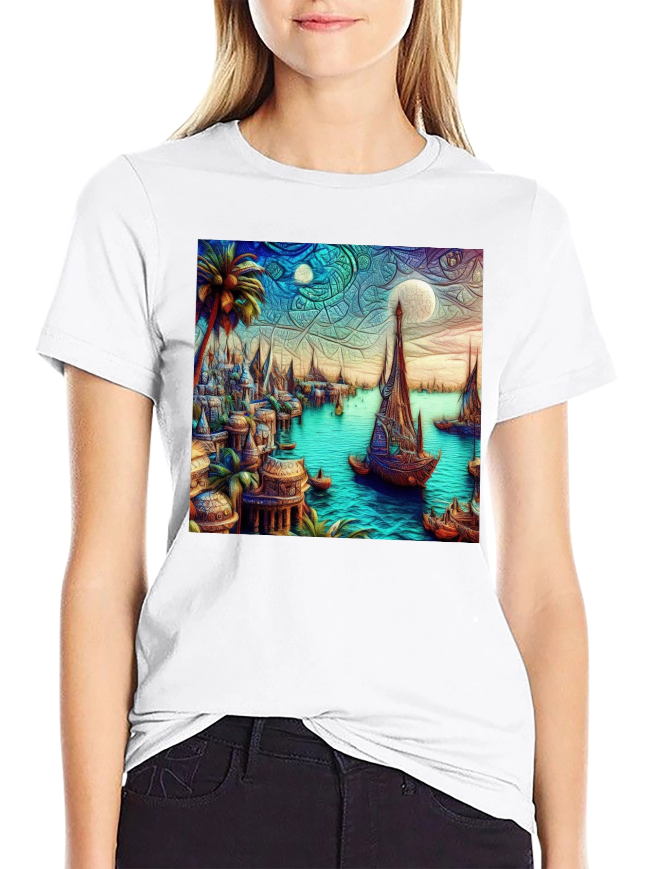 Exotic Seafront Town Graphic Tee - Stylish Comfort