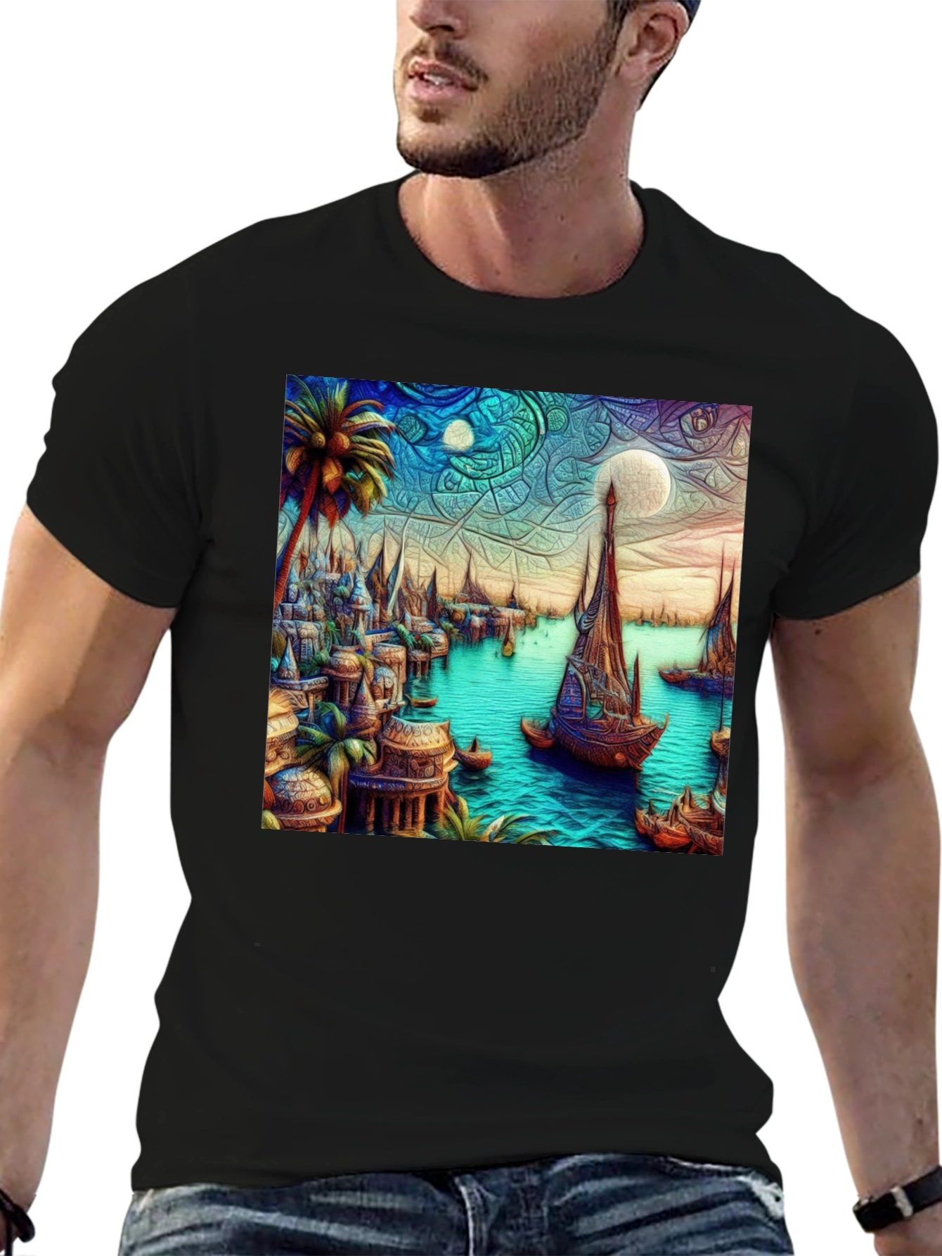 Exotic Seafront Town Graphic Tee - Stylish Comfort