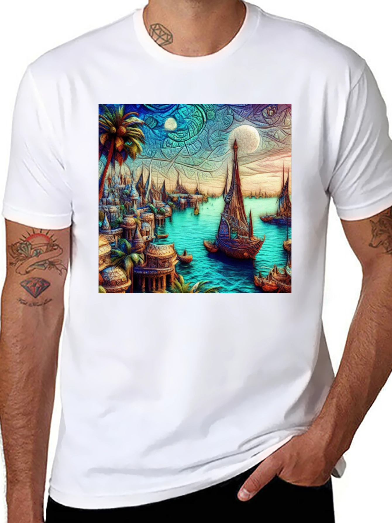 Exotic Seafront Town Graphic Tee - Stylish Comfort