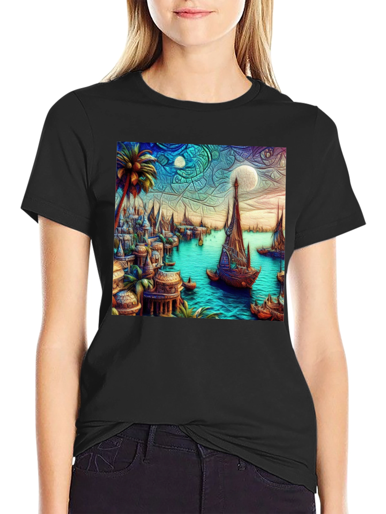 Exotic Seafront Town Graphic Tee - Stylish Comfort
