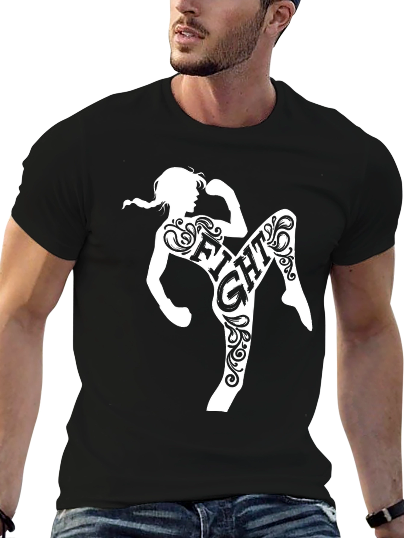 Fight Muay Thai Woman Silhouette Black T-Shirt
