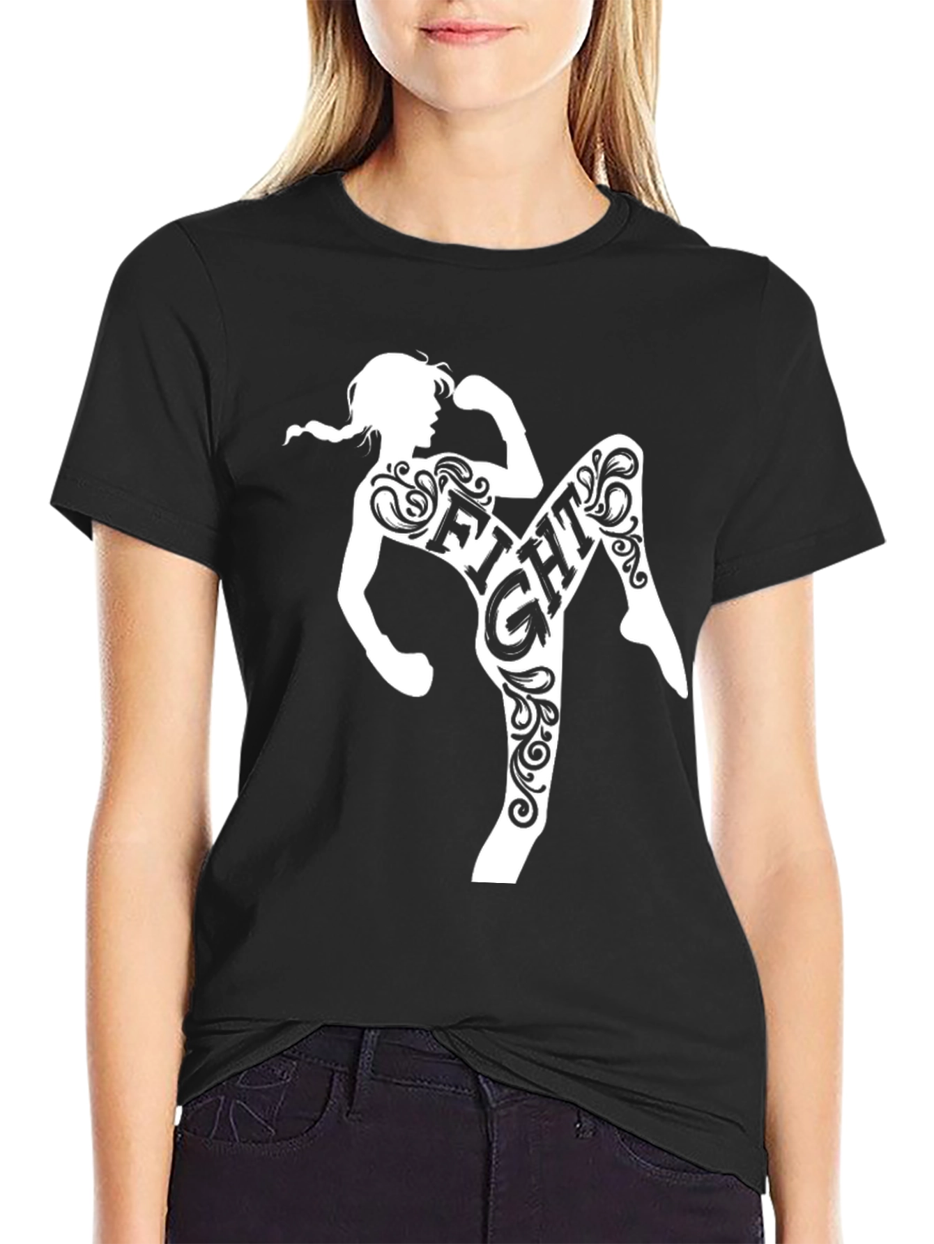 Fight Muay Thai Woman Silhouette Black T-Shirt