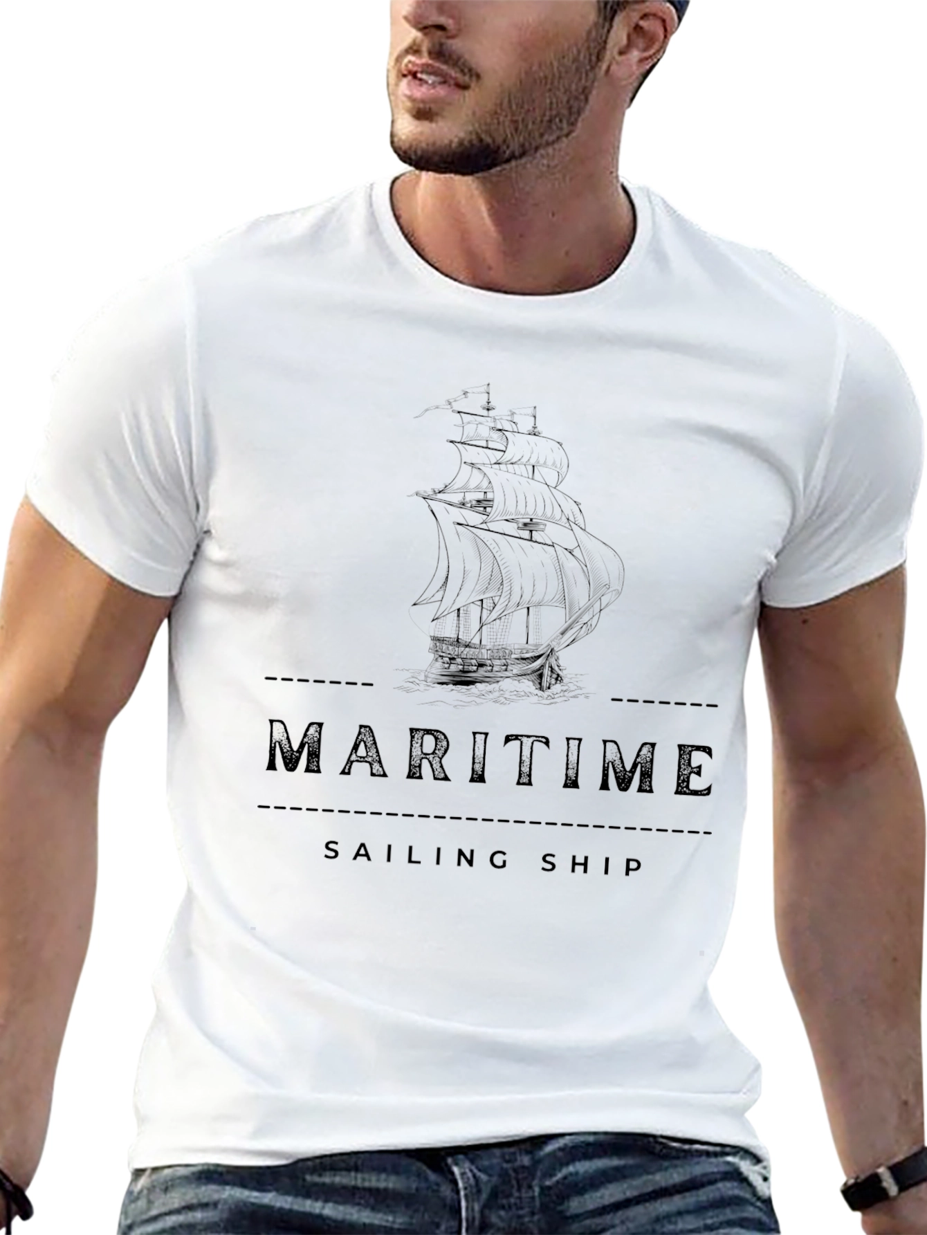 Maritime Sailing Ship Graphic Tee - Black Cotton T-Shirt