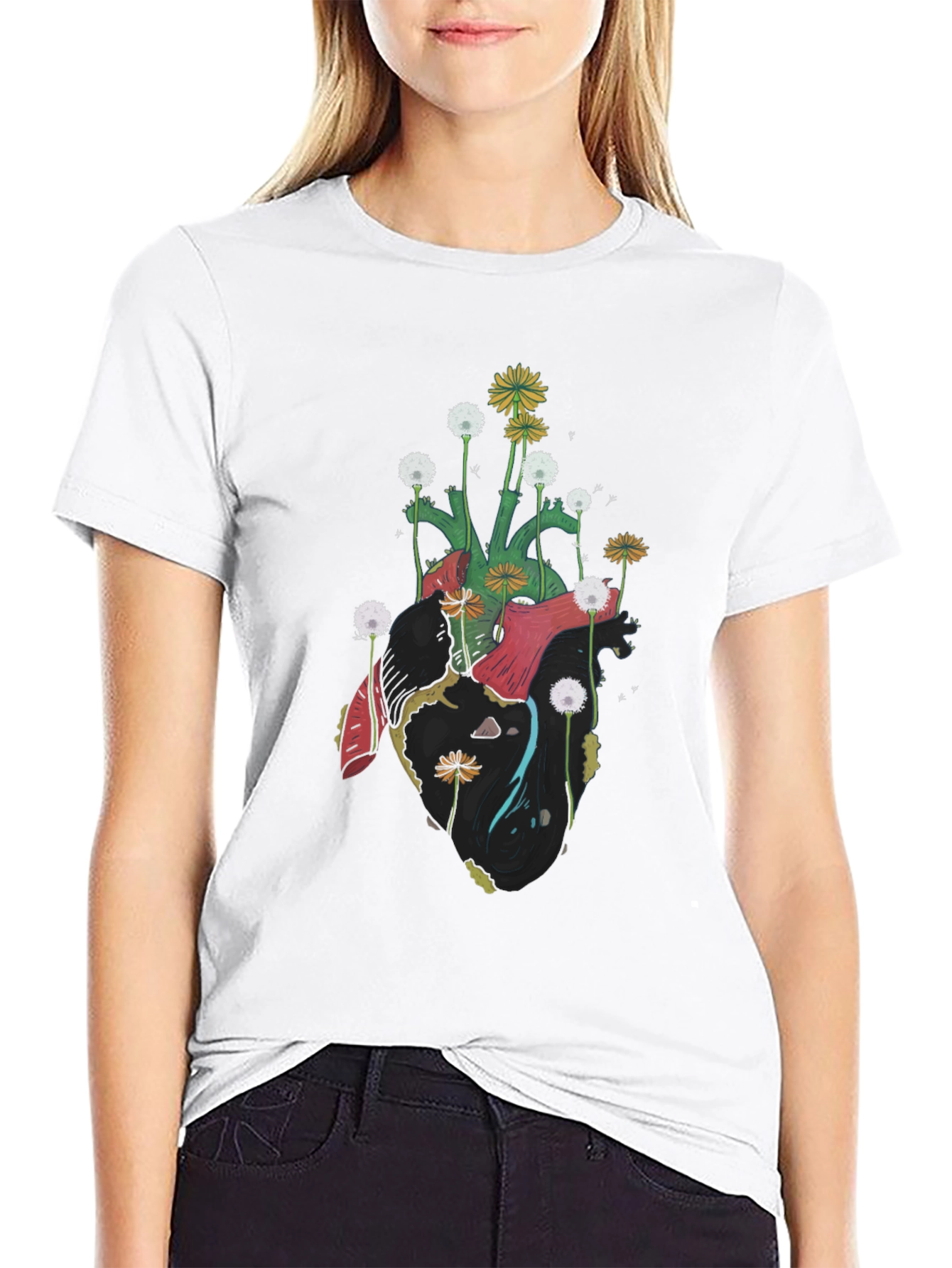 Floral Heart Graphic Tee - Unique Art Shirt