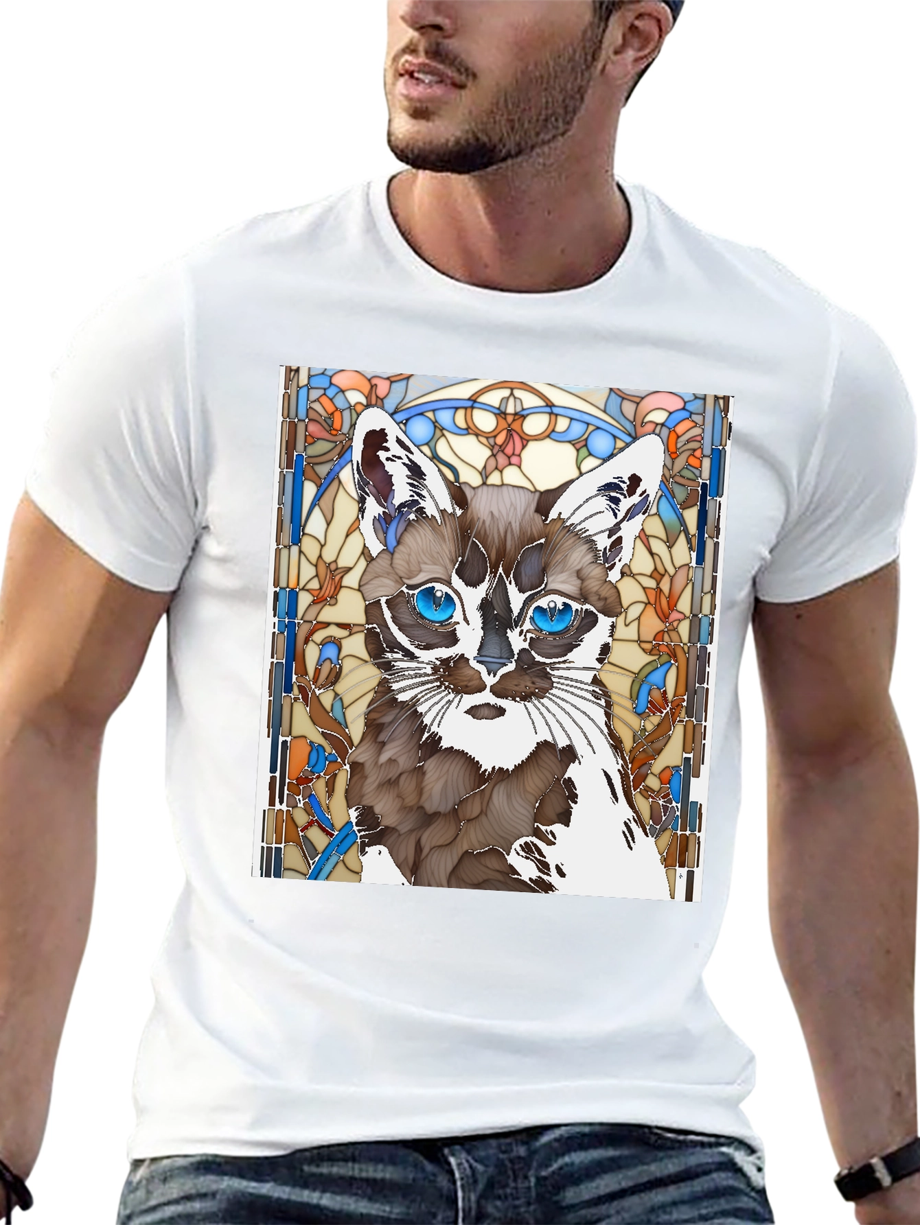 Cat Stained Glass Art T-Shirt - Unique Design