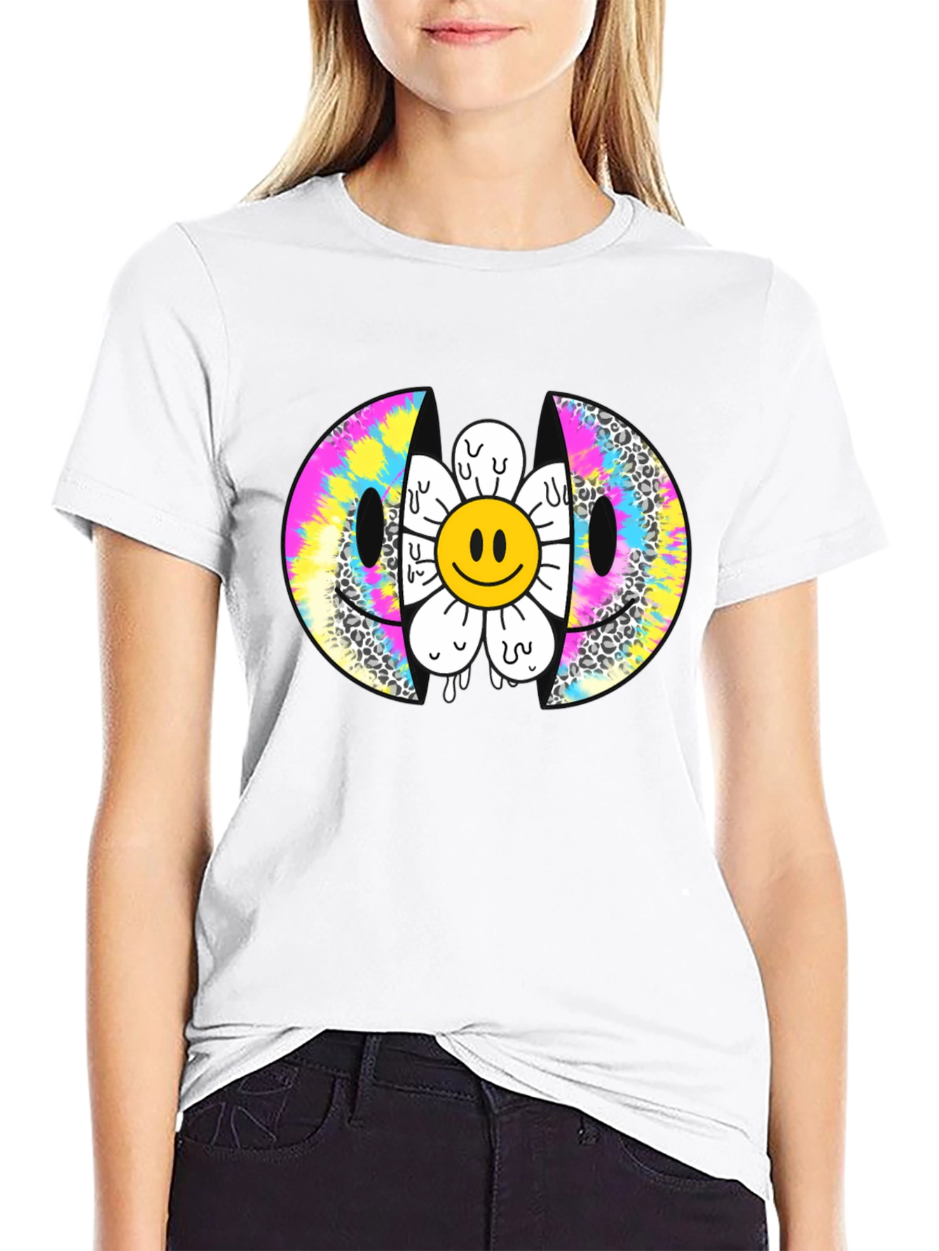 Smiley Face Flower Graphic Tee - Trendy Style