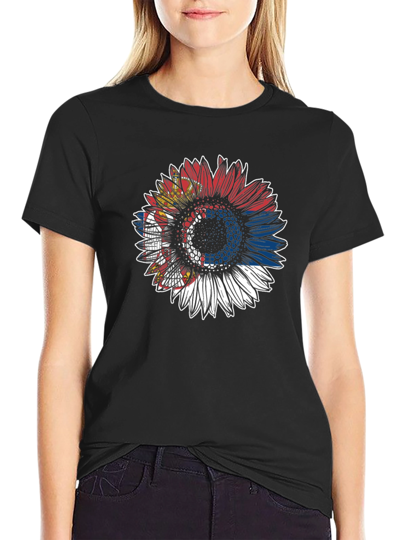 Serbian Flag Sunflower T-Shirt - Black