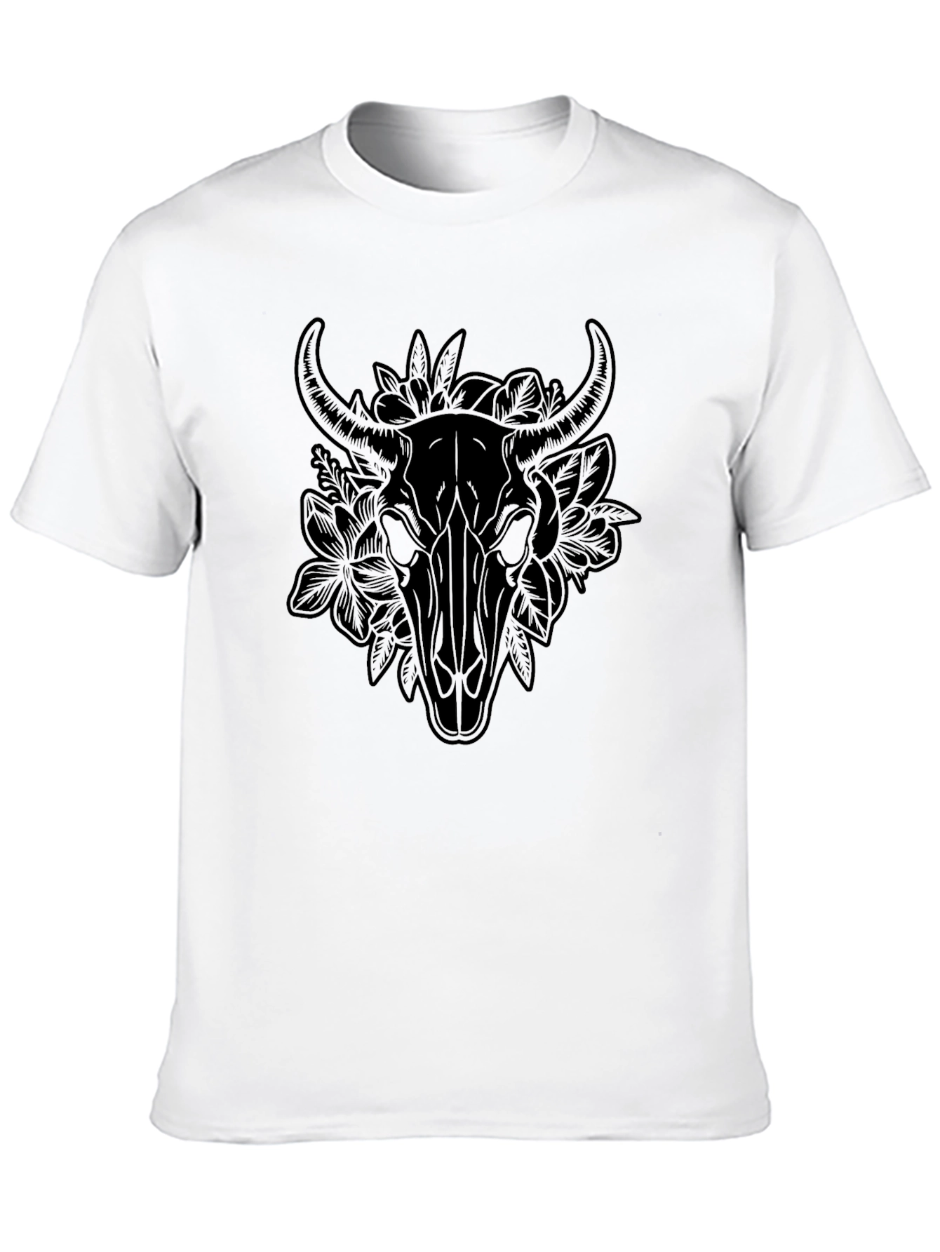 Floral Bull Skull Graphic Tee - Black T-Shirt