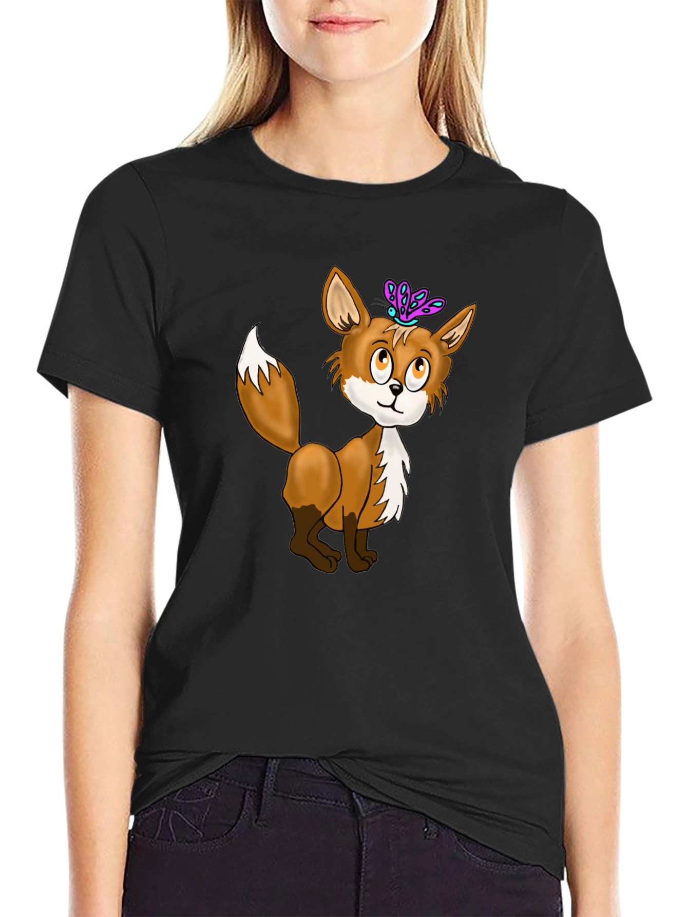 Fox & Butterfly Graphic Tee - Black Cotton T-Shirt